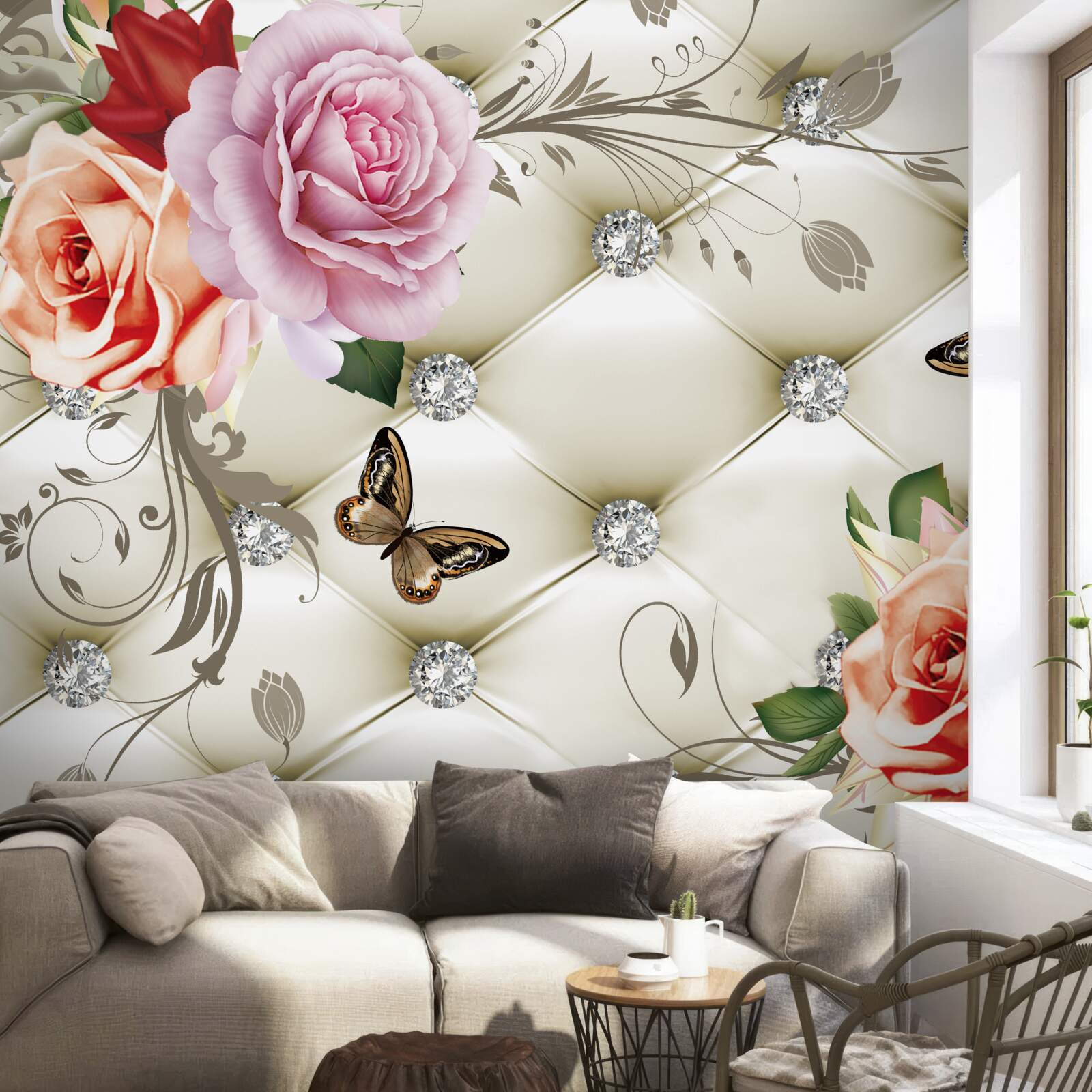 Fototapeta broskyňové a fialové ruže s motýľmi