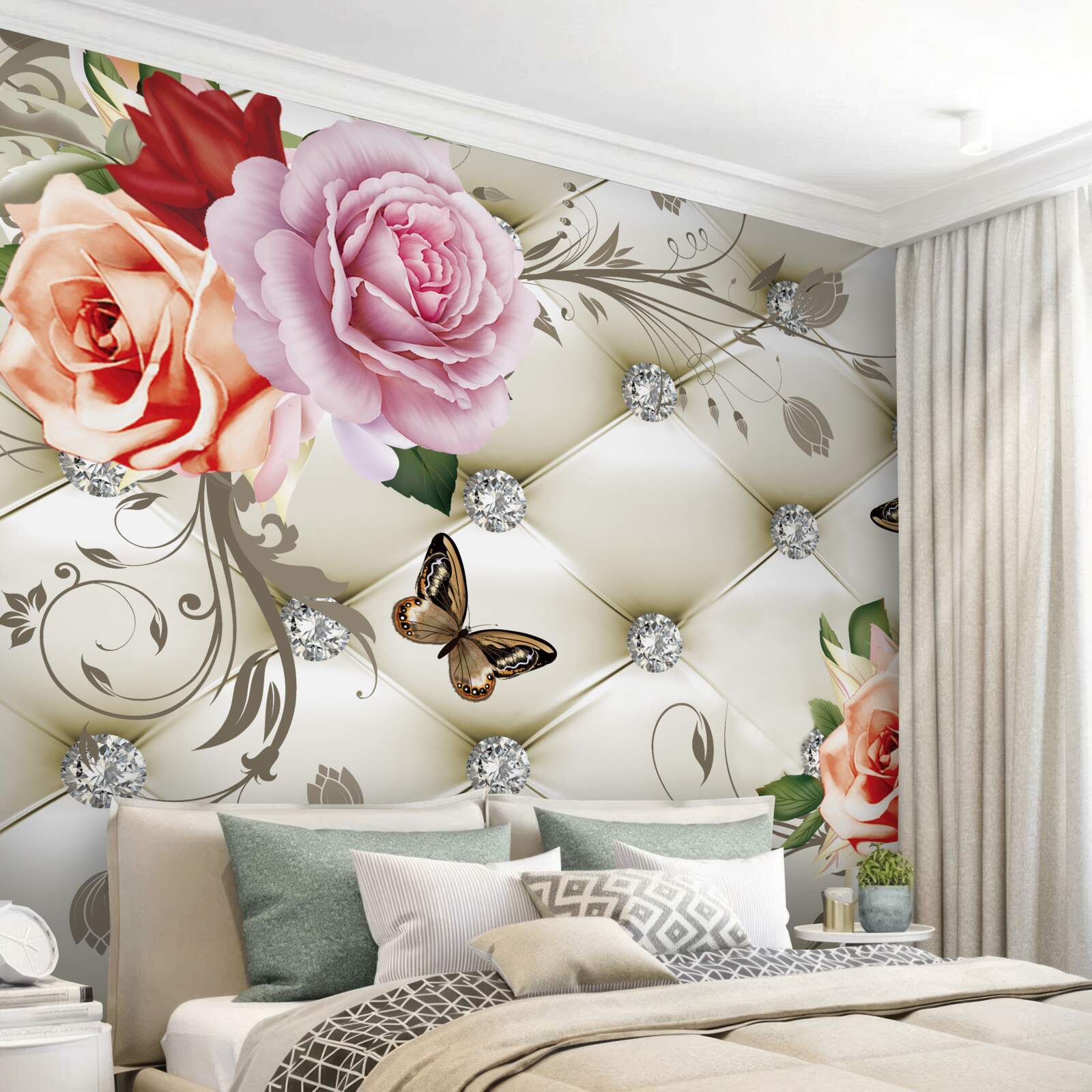 Fototapeta broskyňové a fialové ruže s motýľmi