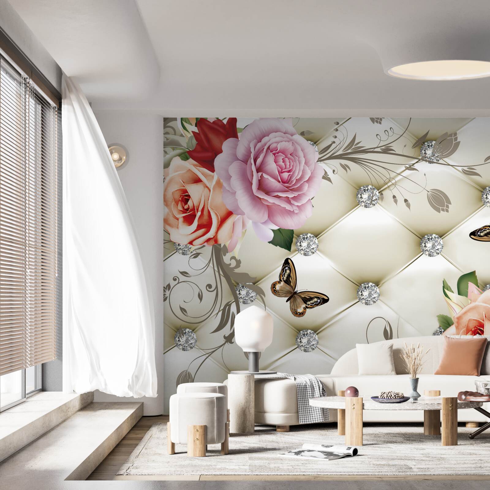 Fototapeta broskyňové a fialové ruže s motýľmi