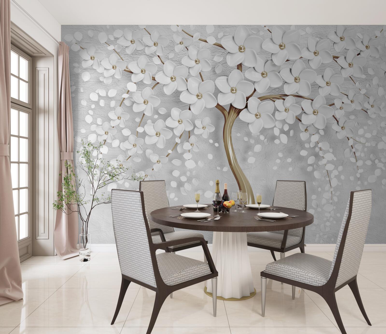 Fototapeta biele a fialové kvety na zrelom strome