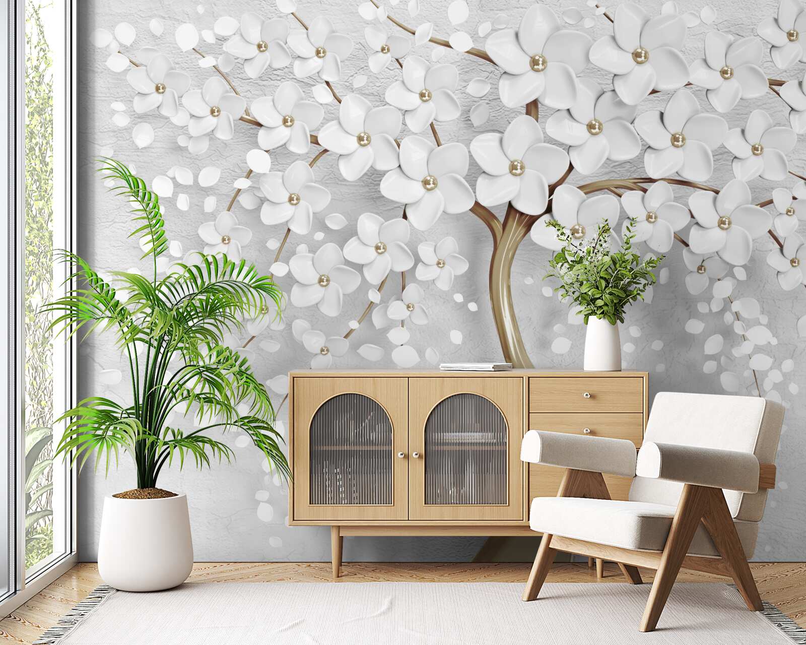 Fototapeta biele a fialové kvety na zrelom strome