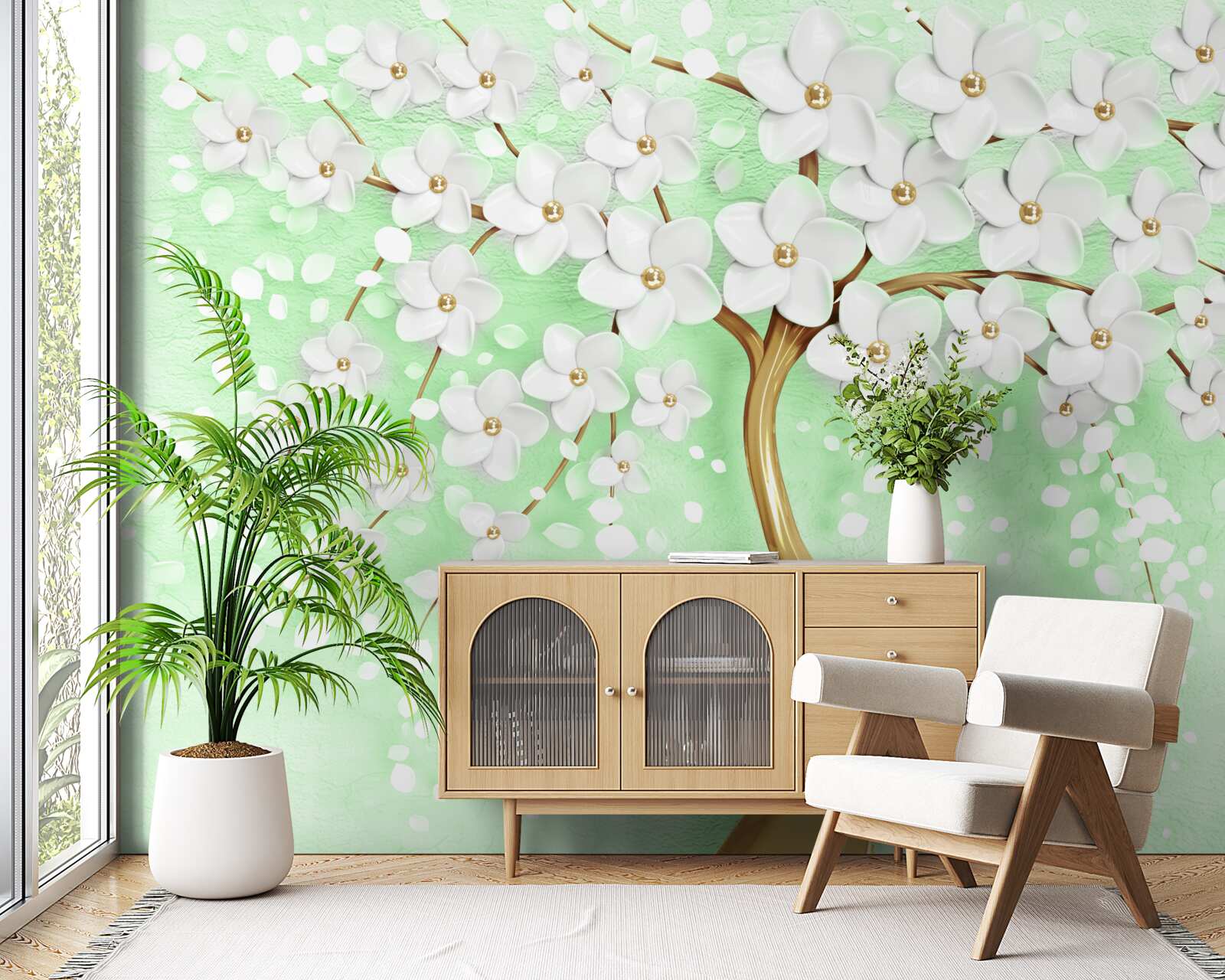 Fototapeta Snehobiela čerešňa v letnej záhrade