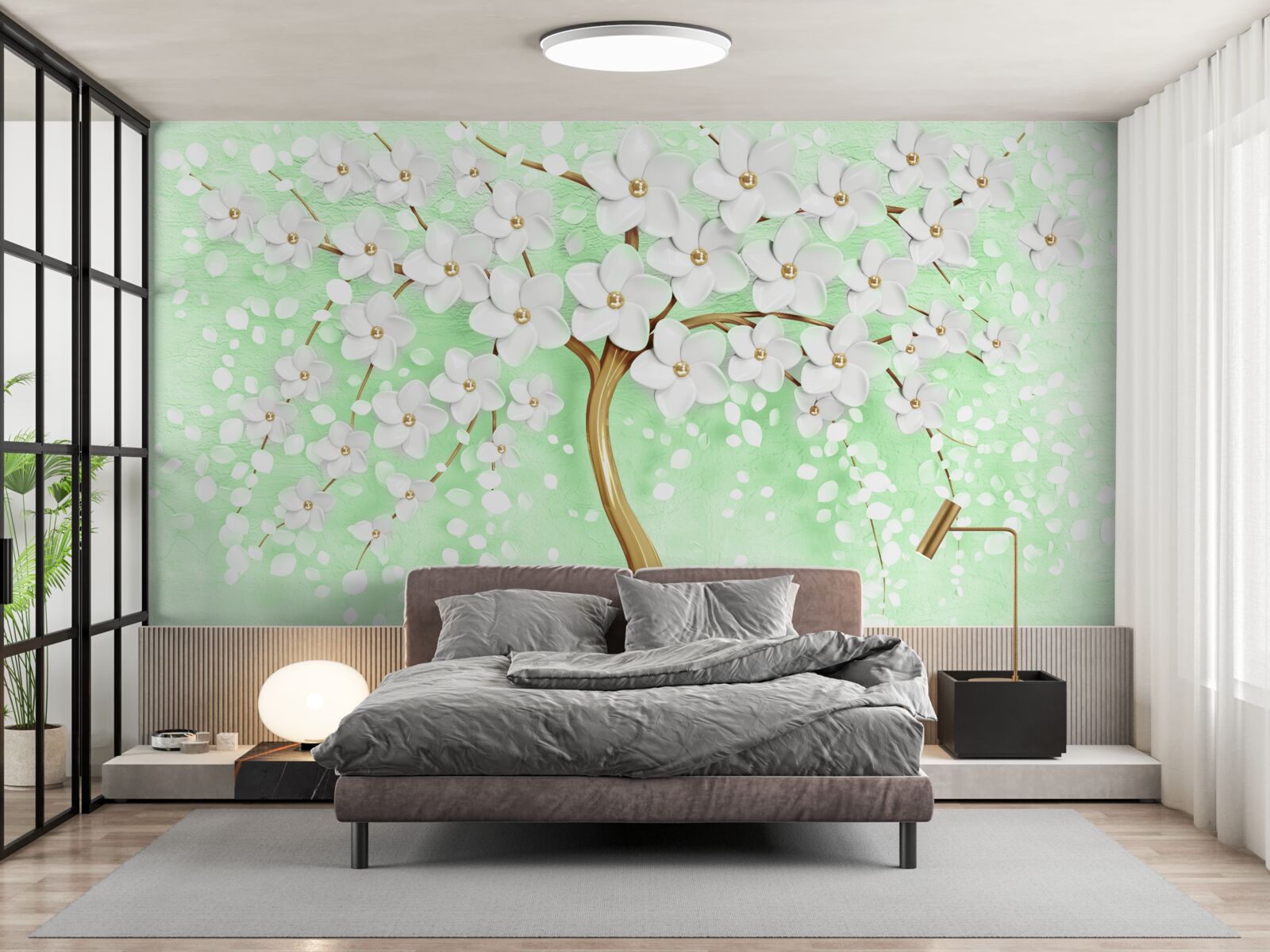 Fototapeta Snehobiela čerešňa v letnej záhrade