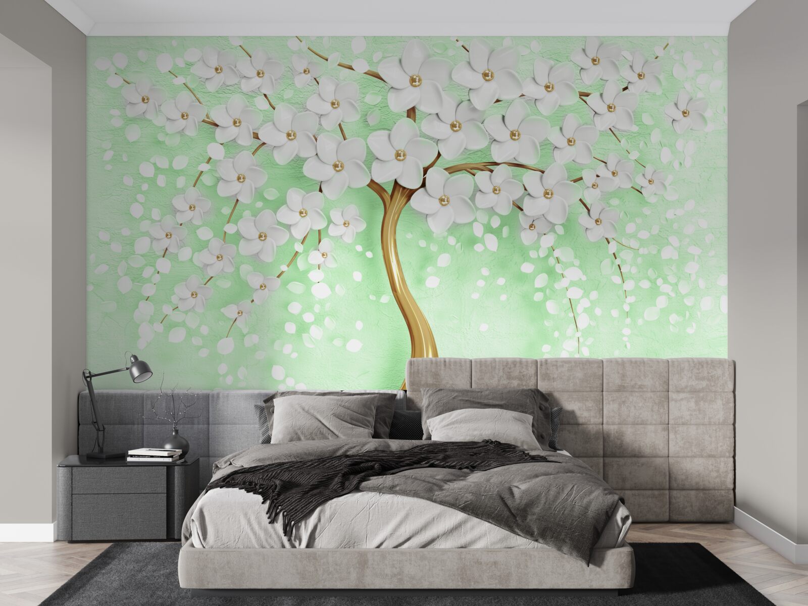 Fototapeta Snehobiela čerešňa v letnej záhrade