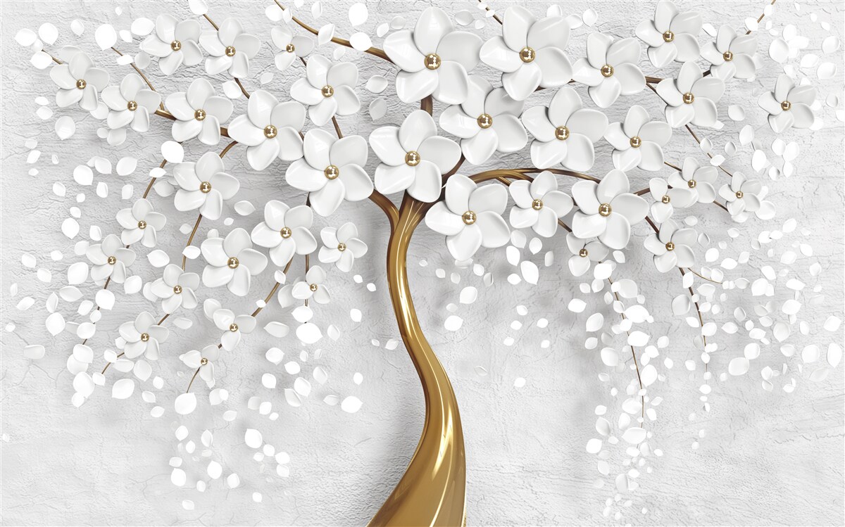 Fototapeta strom s bielymi kvetmi a štíhlym kmeňom