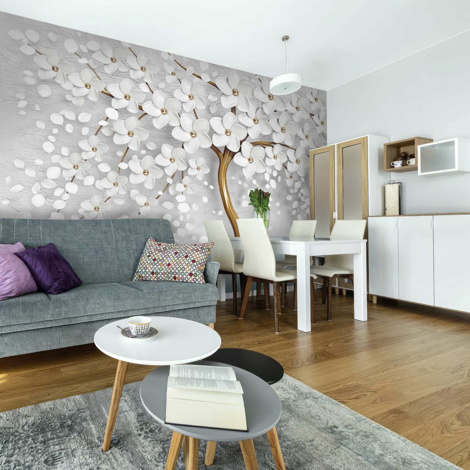 Fototapeta strom s bielymi kvetmi a štíhlym kmeňom