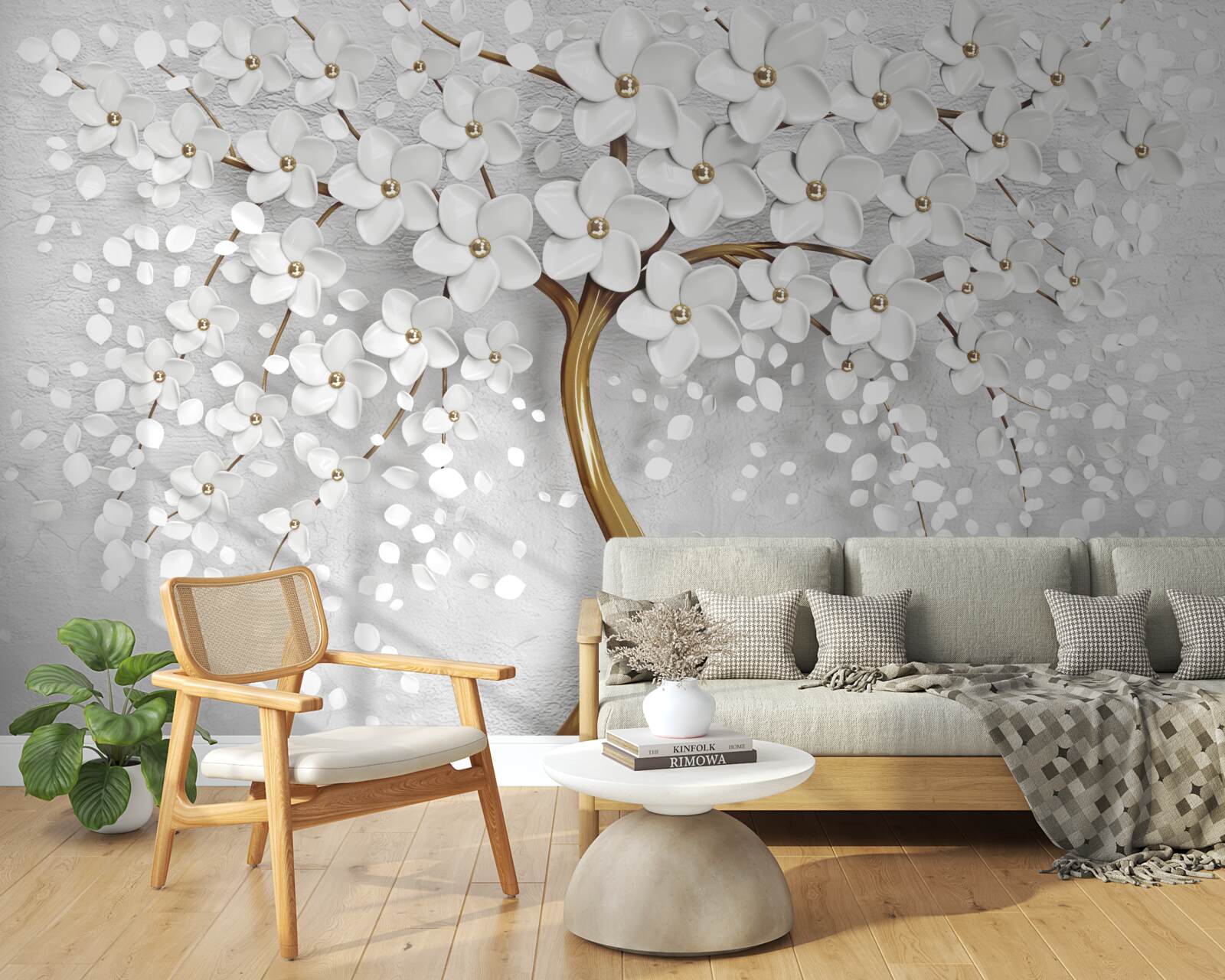 Fototapeta strom s bielymi kvetmi a štíhlym kmeňom