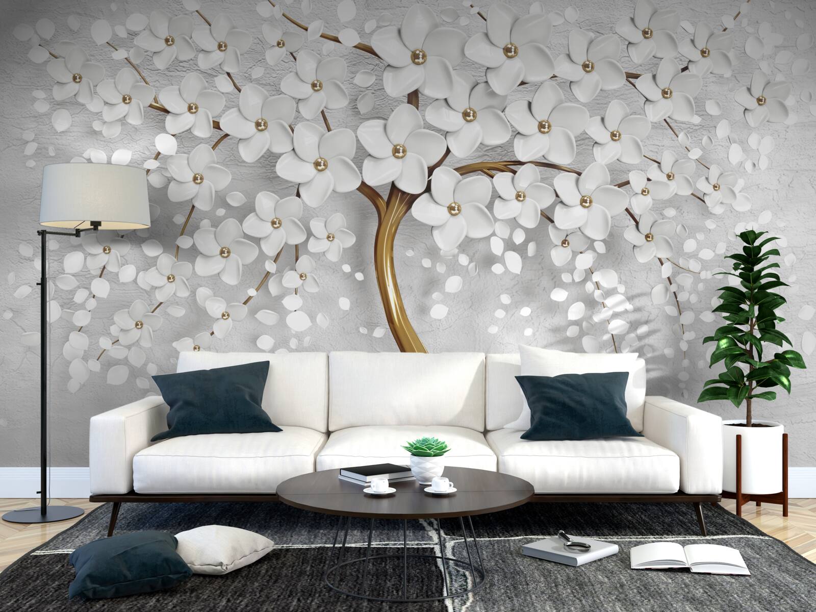 Fototapeta strom s bielymi kvetmi a štíhlym kmeňom