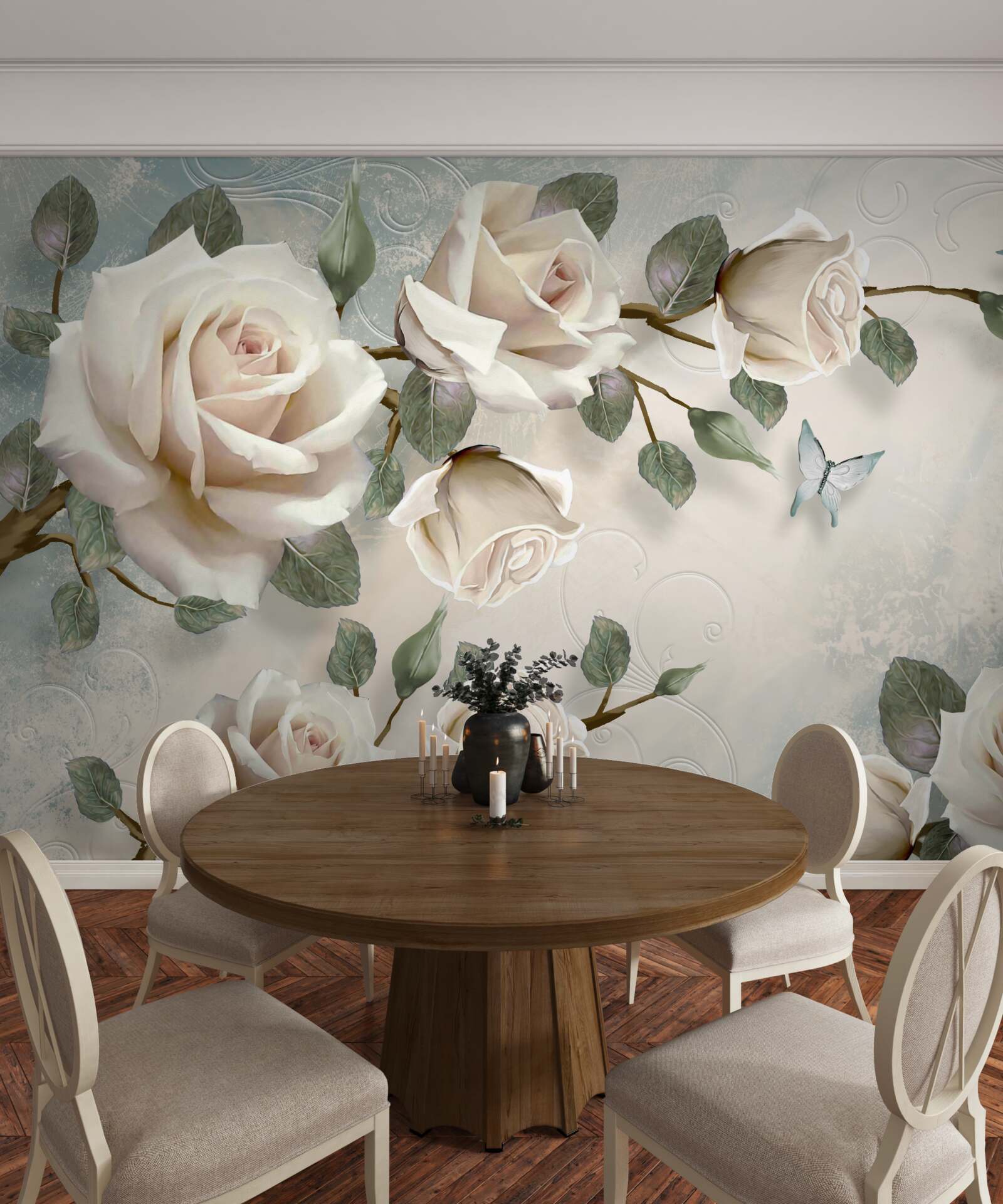 Fototapeta motýle na vetvách krásnej bielej ruže