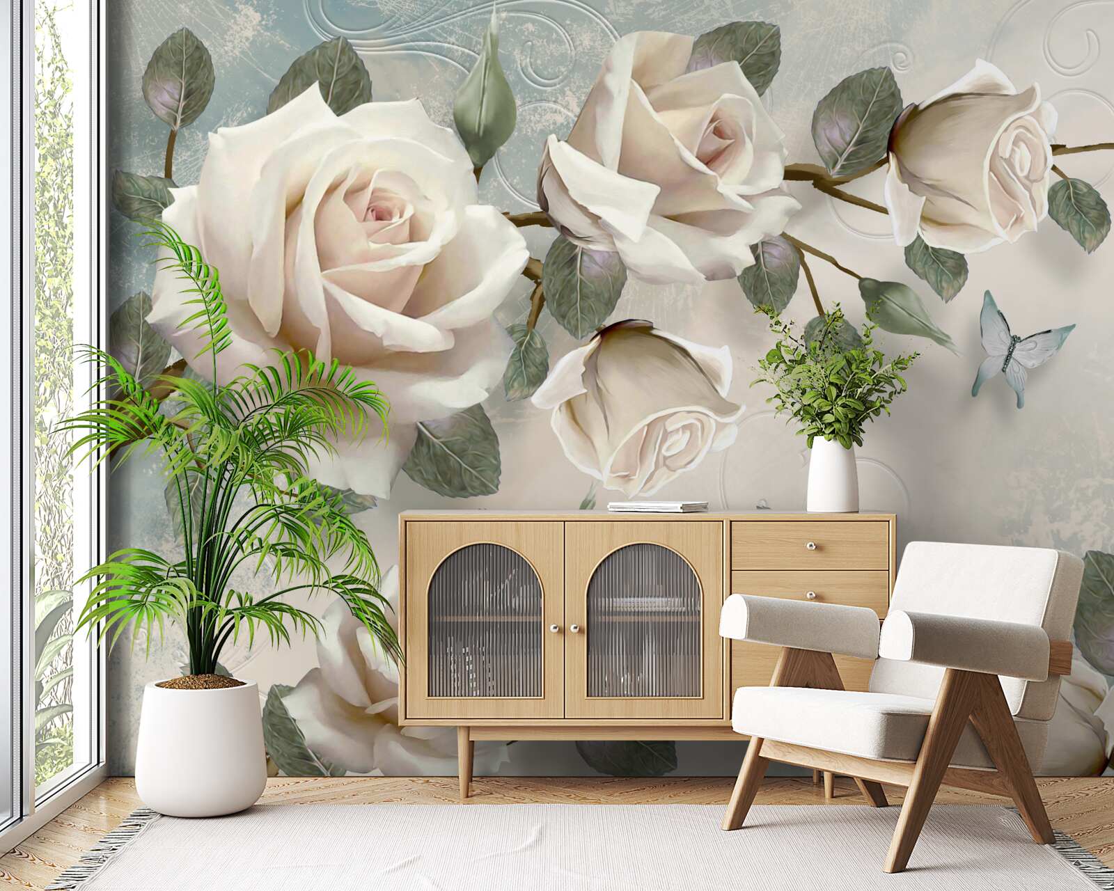 Fototapeta motýle na vetvách krásnej bielej ruže