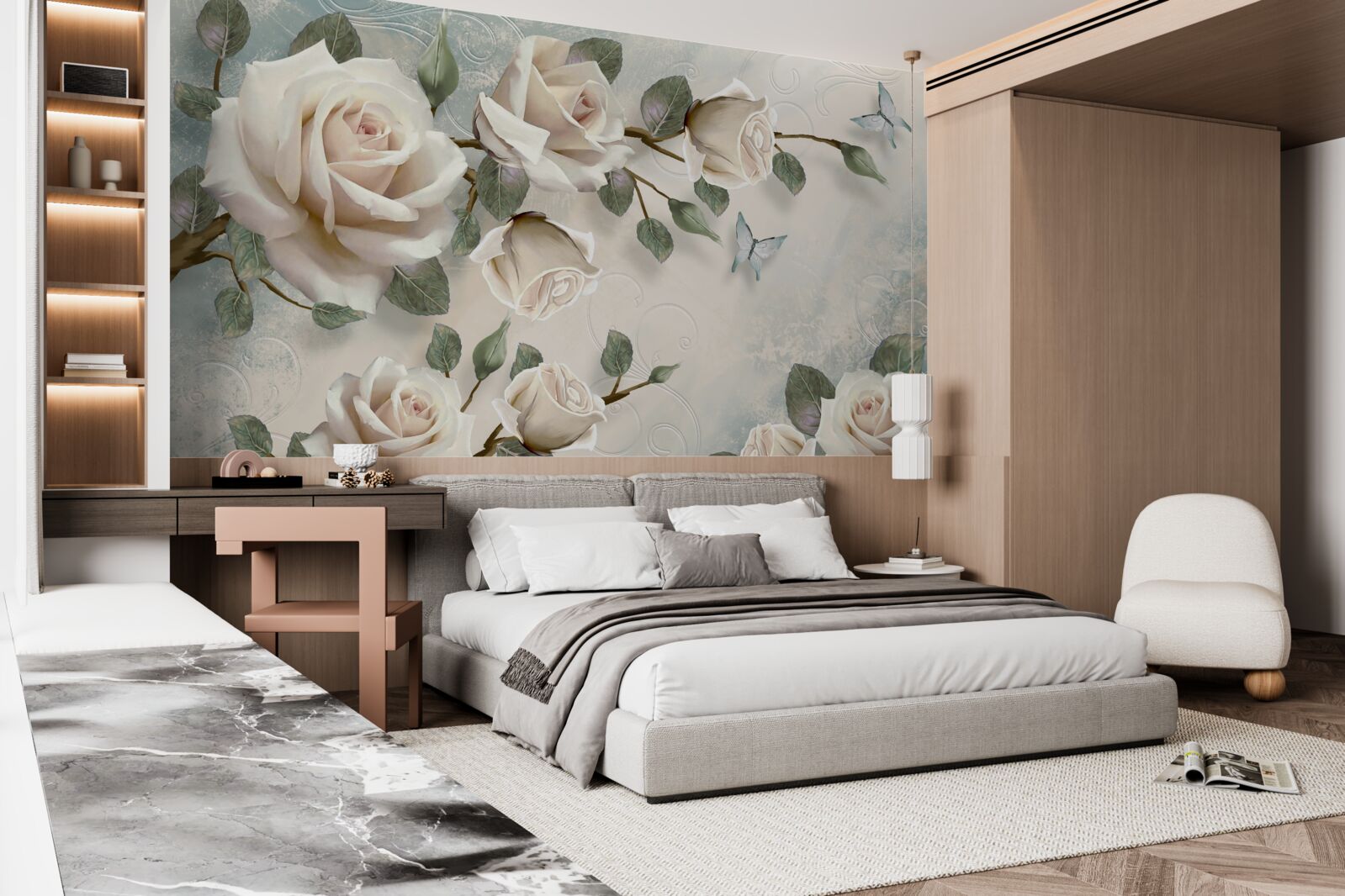 Fototapeta motýle na vetvách krásnej bielej ruže