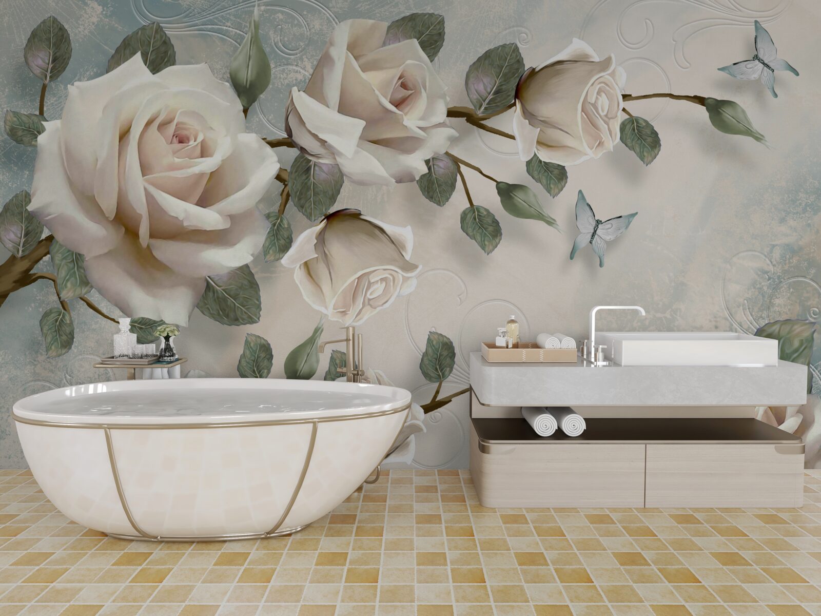 Fototapeta motýle na vetvách krásnej bielej ruže