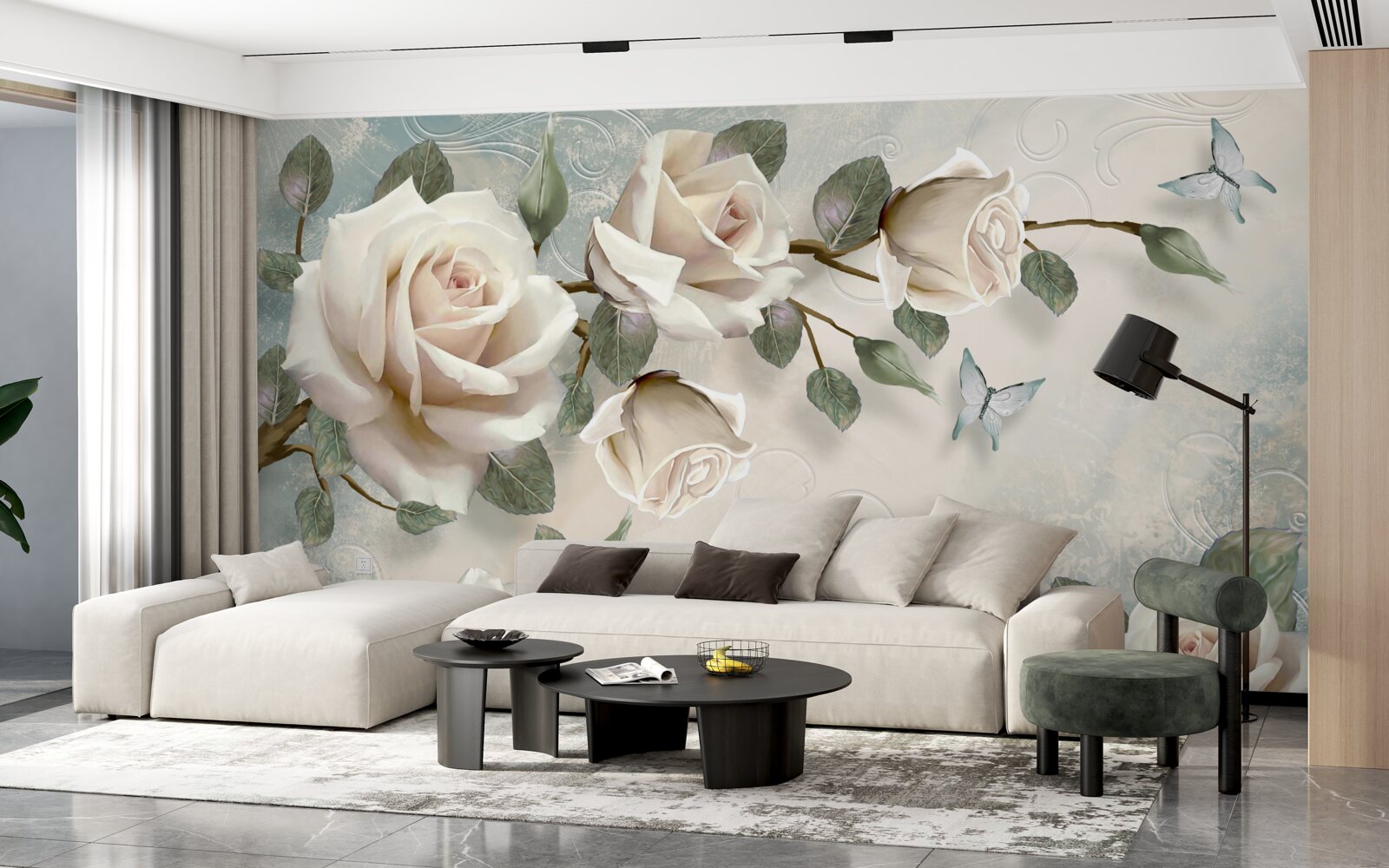 Fototapeta motýle na vetvách krásnej bielej ruže