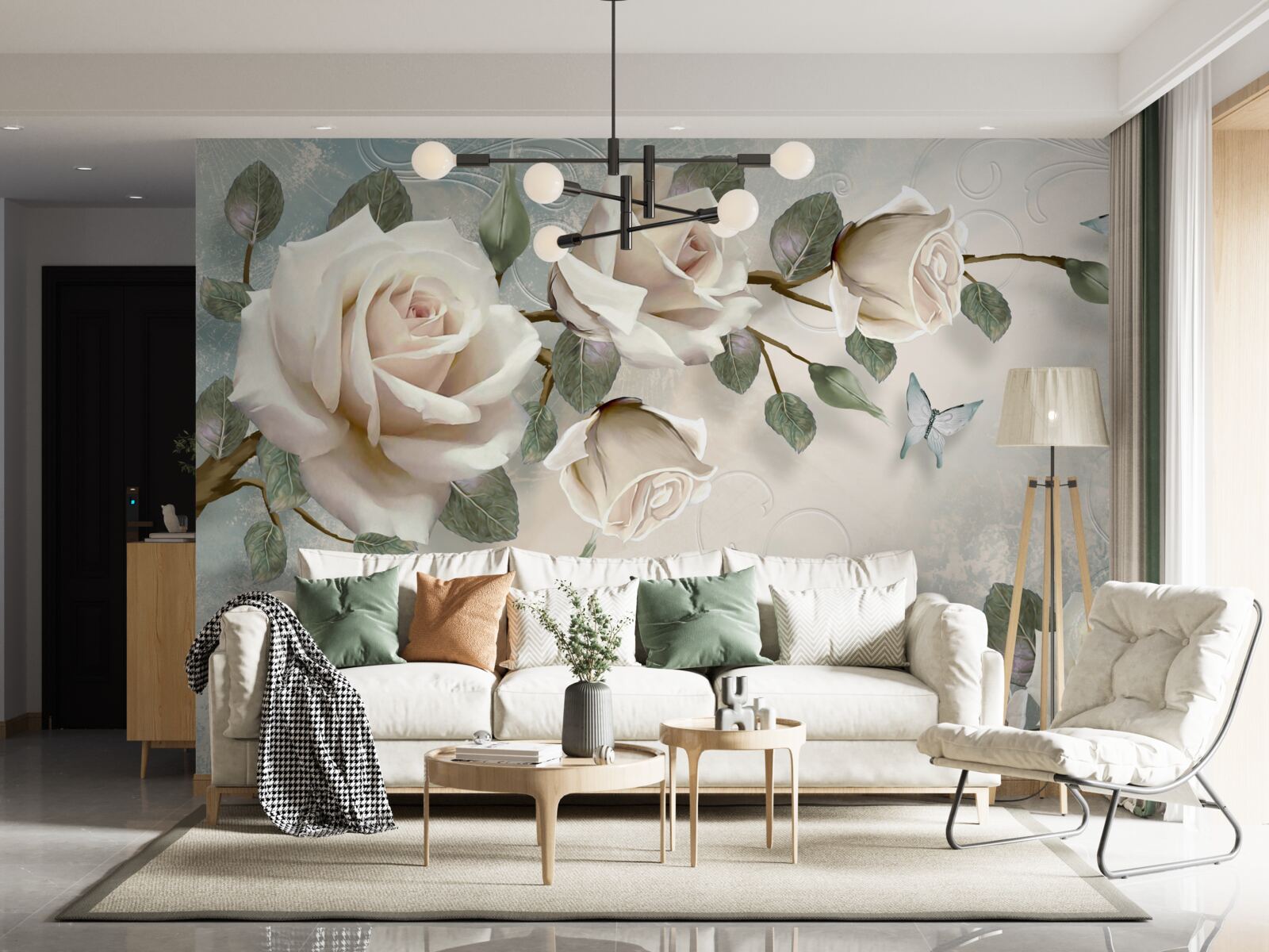 Fototapeta motýle na vetvách krásnej bielej ruže