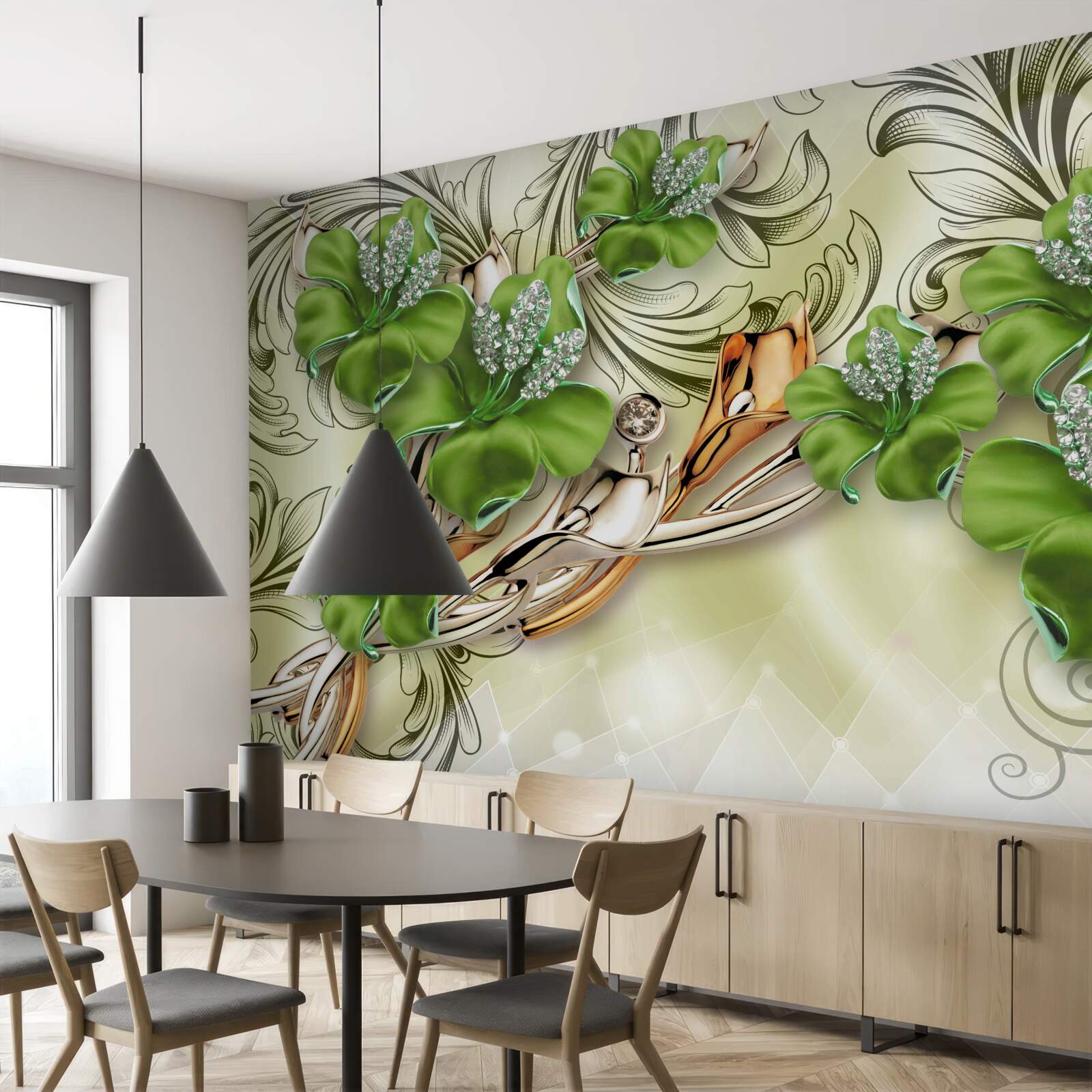 Fototapeta kvety sú zelené, zdobené perličkami a zlatom