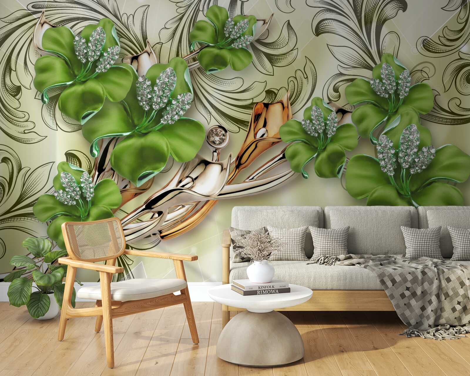 Fototapeta kvety sú zelené, zdobené perličkami a zlatom