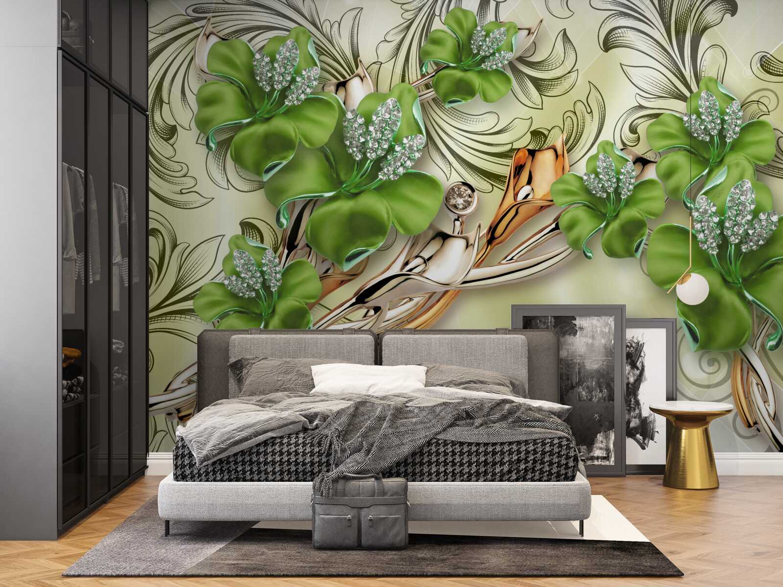 Fototapeta kvety sú zelené, zdobené perličkami a zlatom