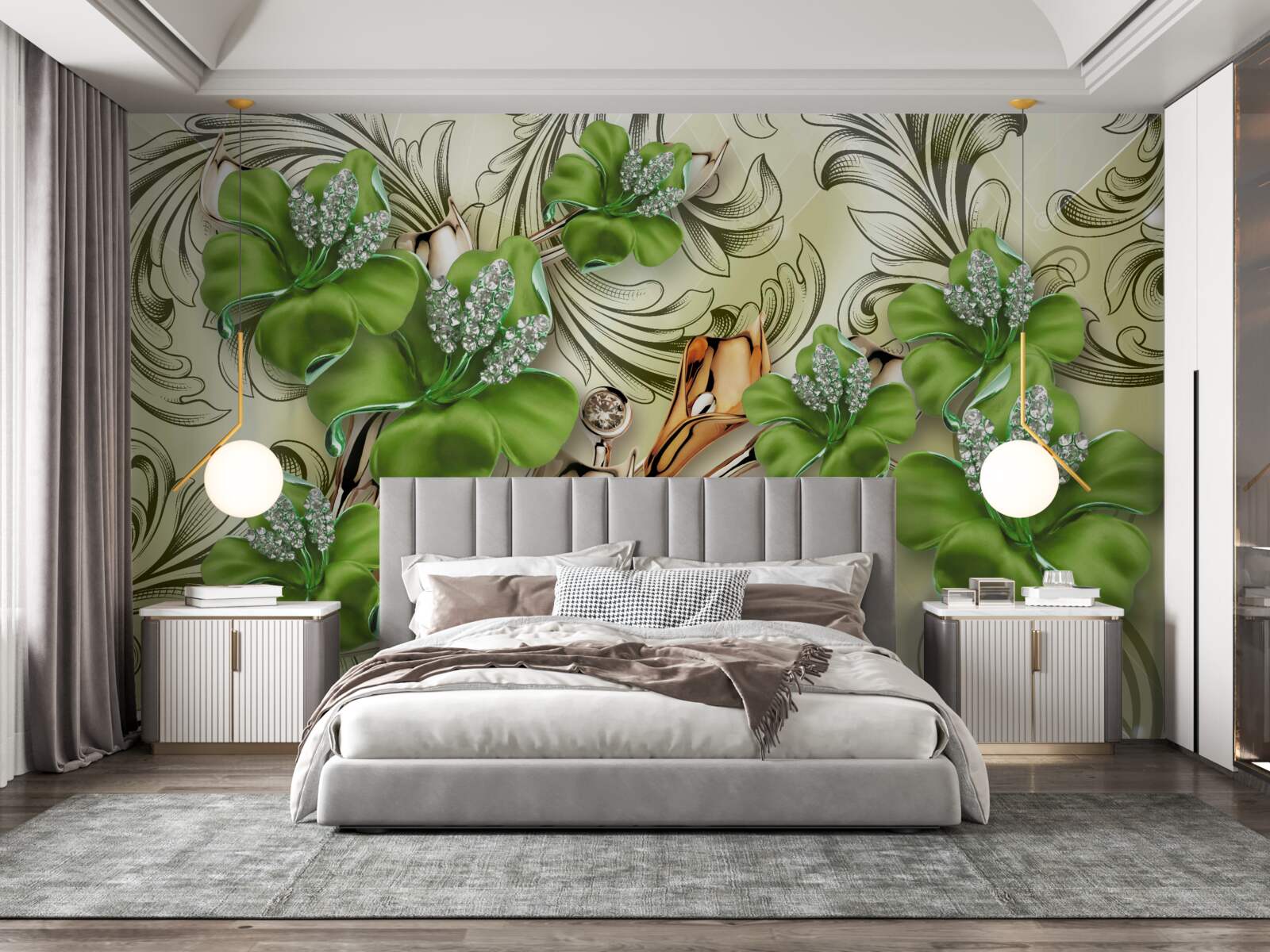 Fototapeta kvety sú zelené, zdobené perličkami a zlatom