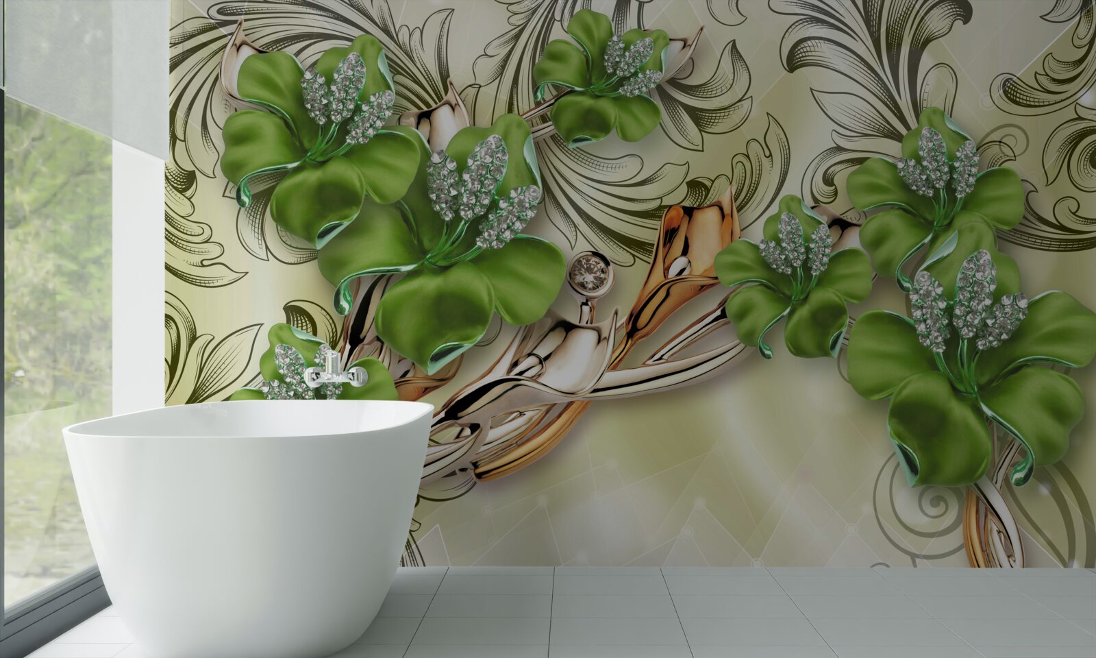 Fototapeta kvety sú zelené, zdobené perličkami a zlatom