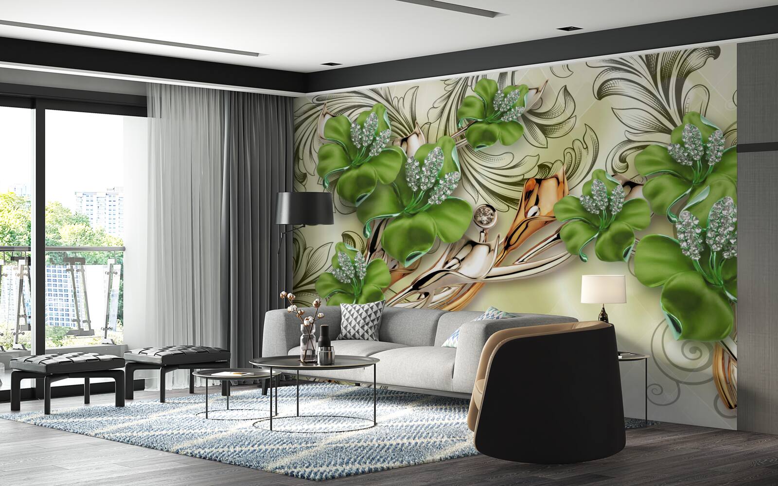 Fototapeta kvety sú zelené, zdobené perličkami a zlatom