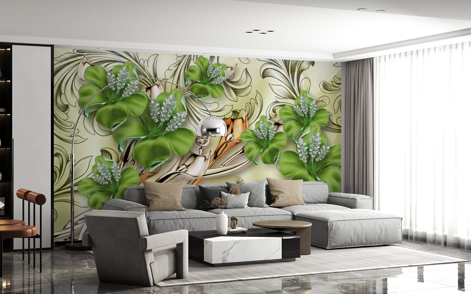 Fototapeta kvety sú zelené, zdobené perličkami a zlatom