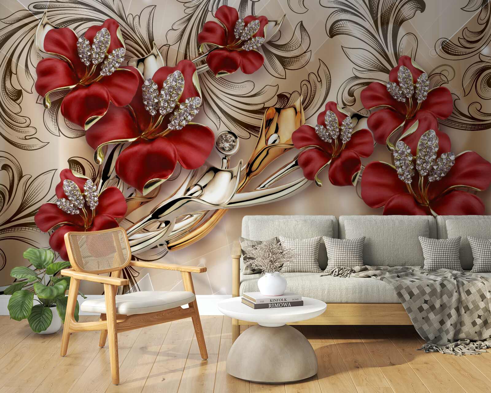 Fototapeta zlaté šperky s červenými púčikmi