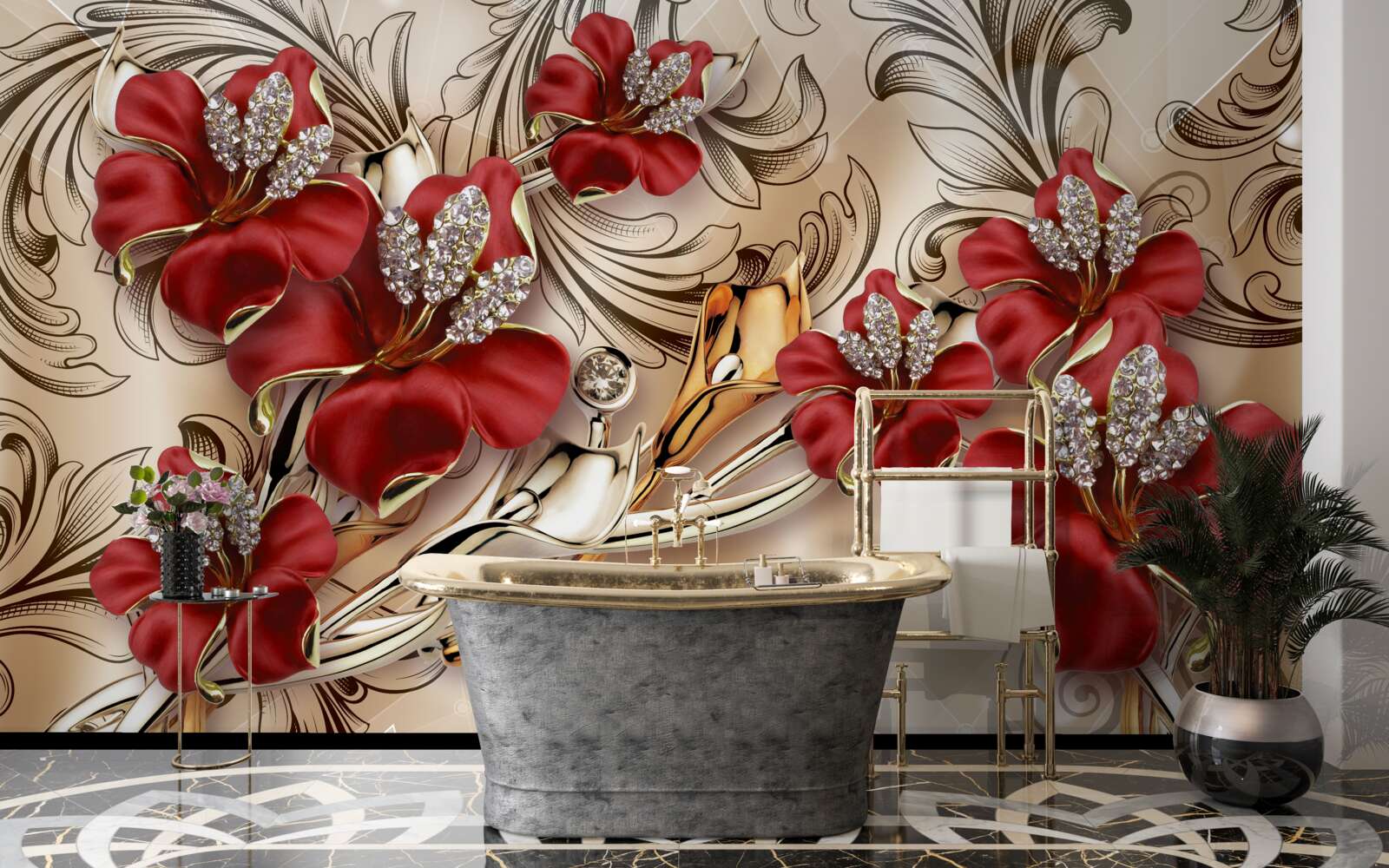 Fototapeta zlaté šperky s červenými púčikmi