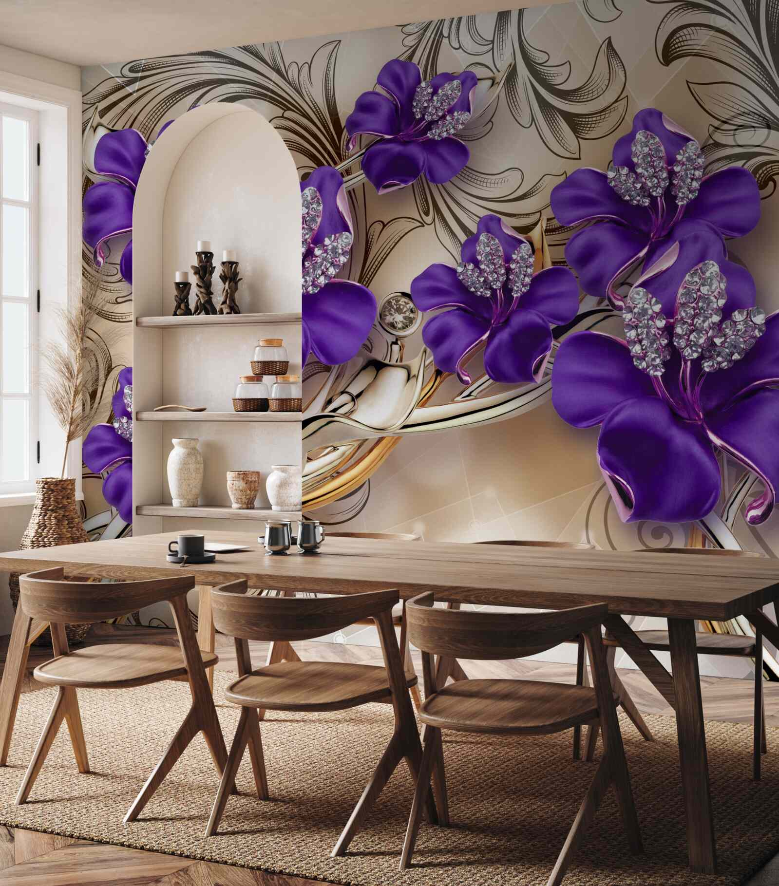 Fototapeta drahé kamene a kovy zdobené fialovými kvetmi