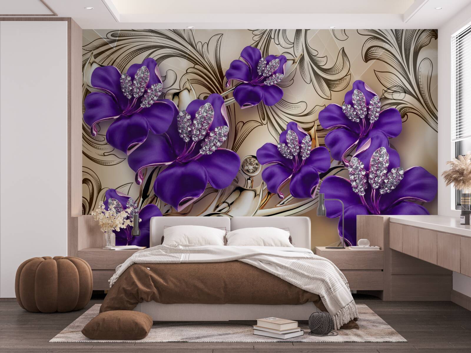Fototapeta drahé kamene a kovy zdobené fialovými kvetmi