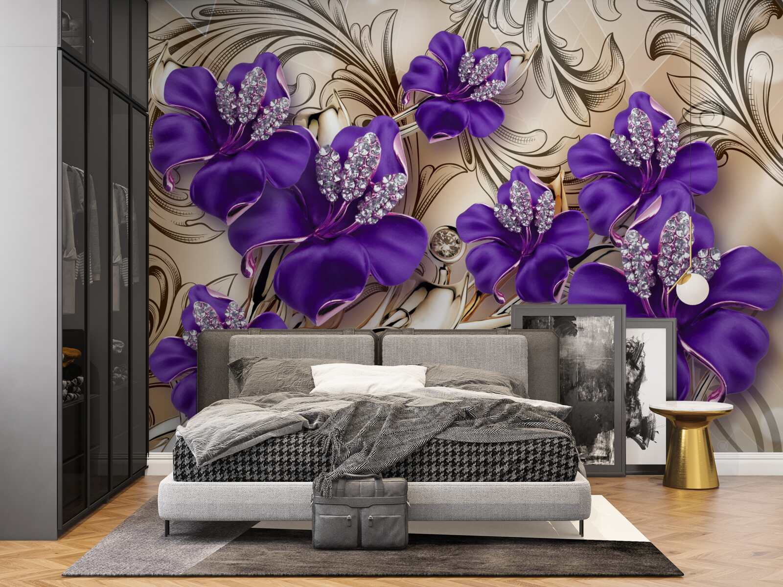 Fototapeta drahé kamene a kovy zdobené fialovými kvetmi