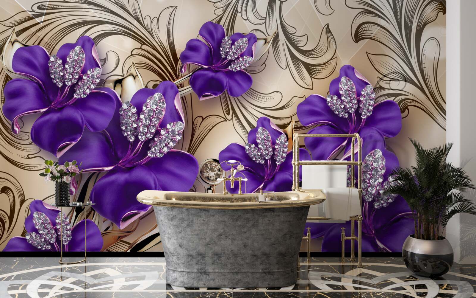 Fototapeta drahé kamene a kovy zdobené fialovými kvetmi