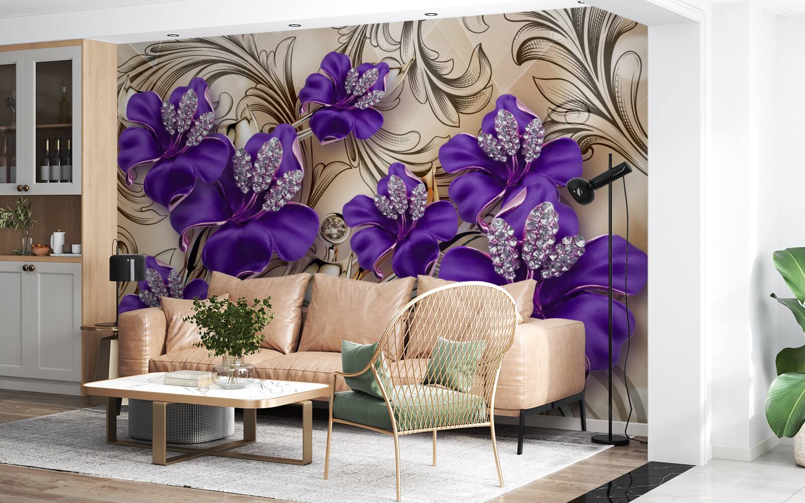 Fototapeta drahé kamene a kovy zdobené fialovými kvetmi