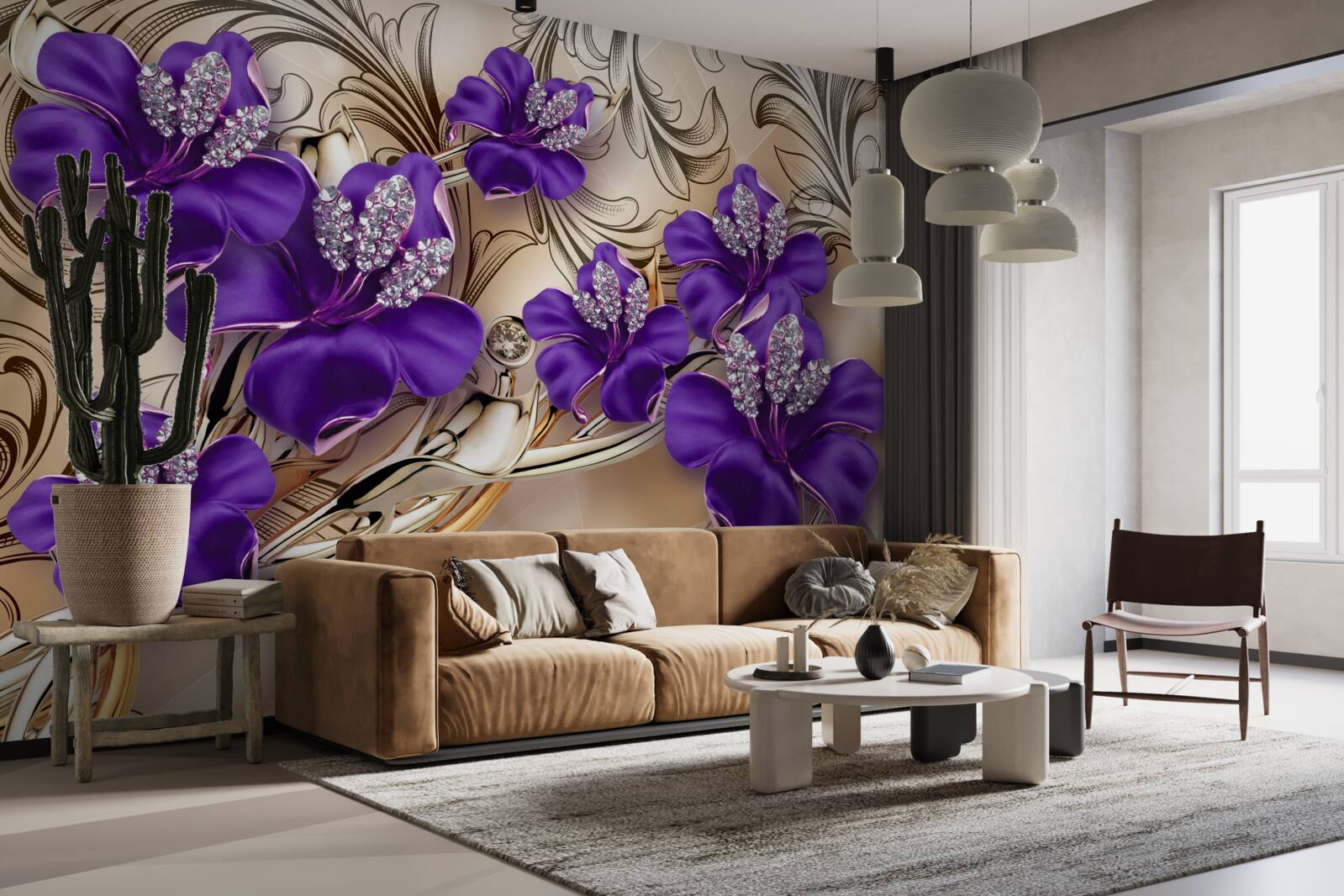 Fototapeta drahé kamene a kovy zdobené fialovými kvetmi
