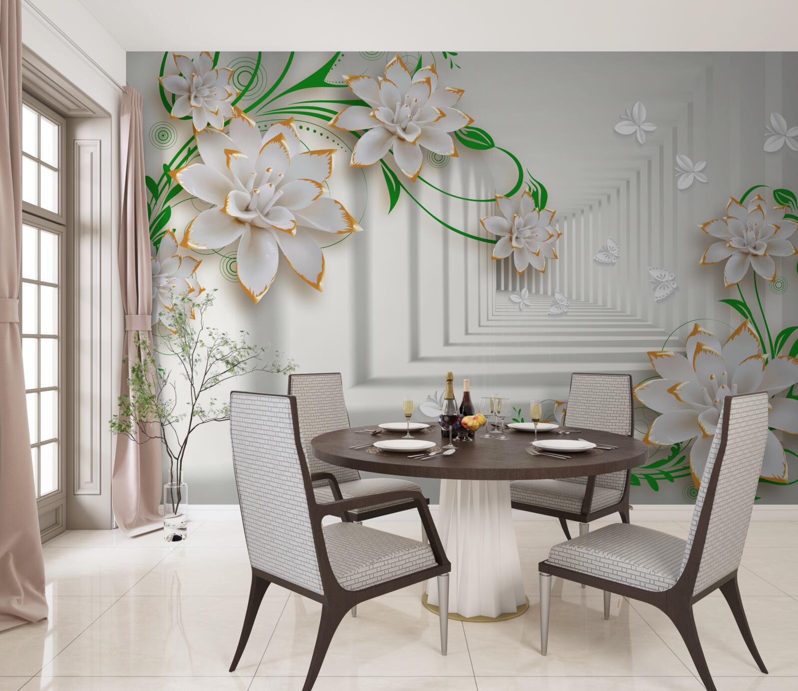 Fototapeta abstraktný tunel zdobený zelenými listami a bielym lotosom