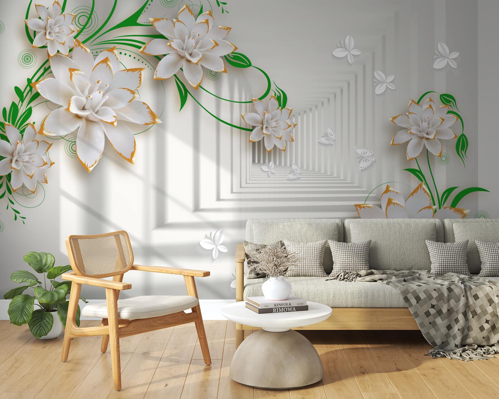 Fototapeta abstraktný tunel zdobený zelenými listami a bielym lotosom