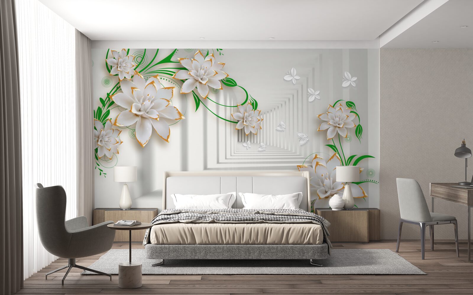 Fototapeta abstraktný tunel zdobený zelenými listami a bielym lotosom