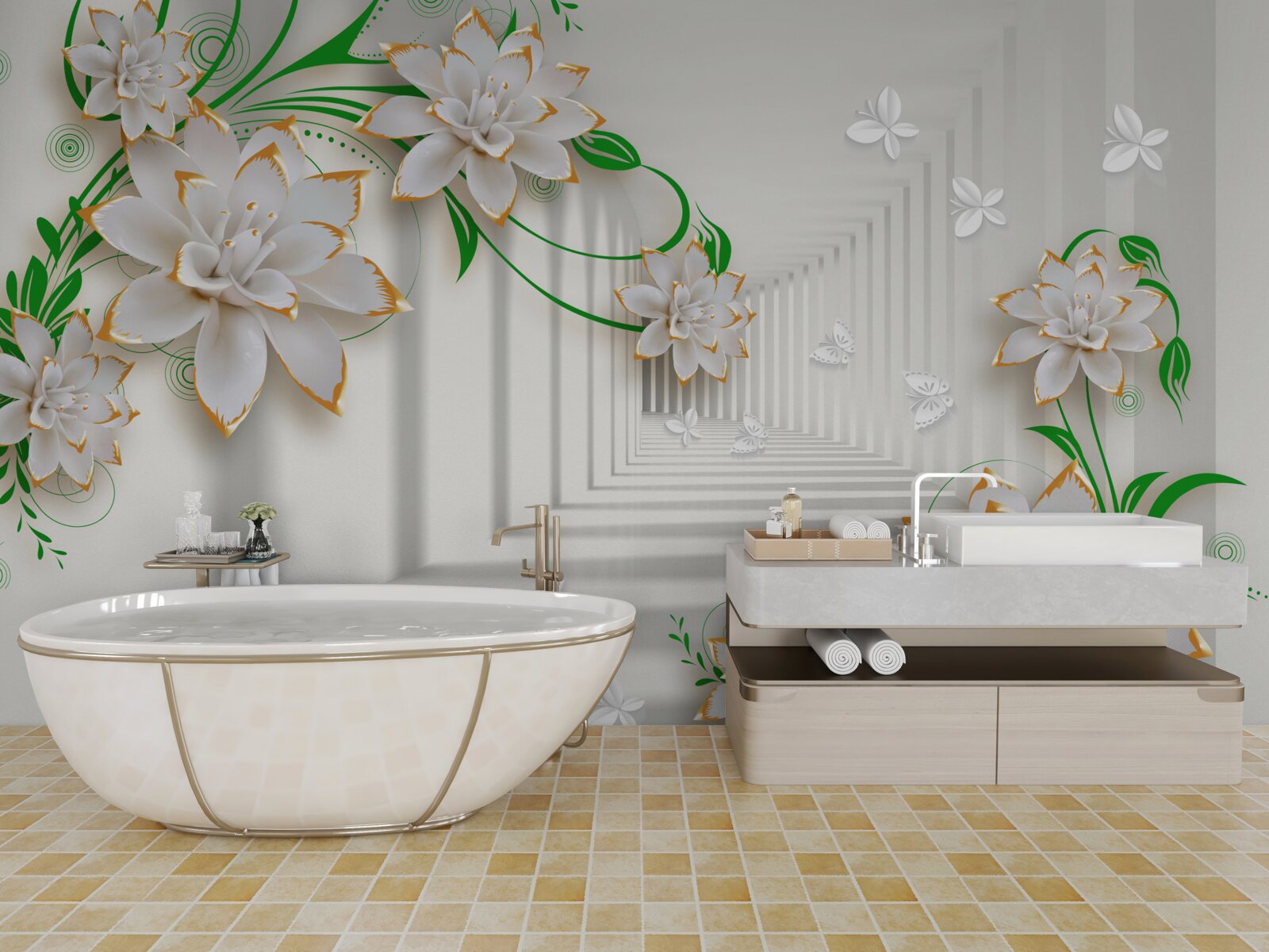 Fototapeta abstraktný tunel zdobený zelenými listami a bielym lotosom