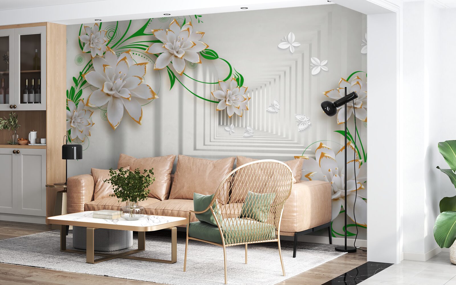 Fototapeta abstraktný tunel zdobený zelenými listami a bielym lotosom