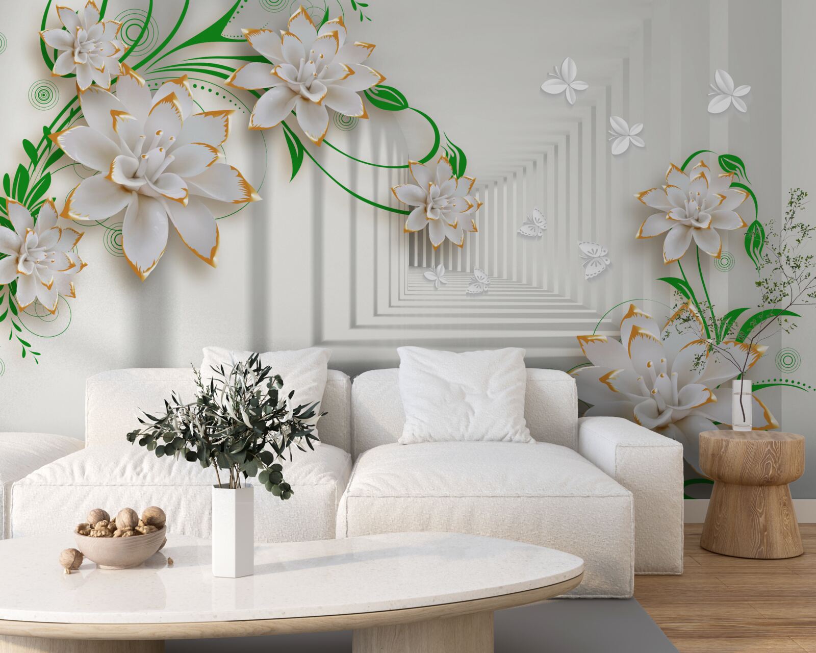 Fototapeta abstraktný tunel zdobený zelenými listami a bielym lotosom