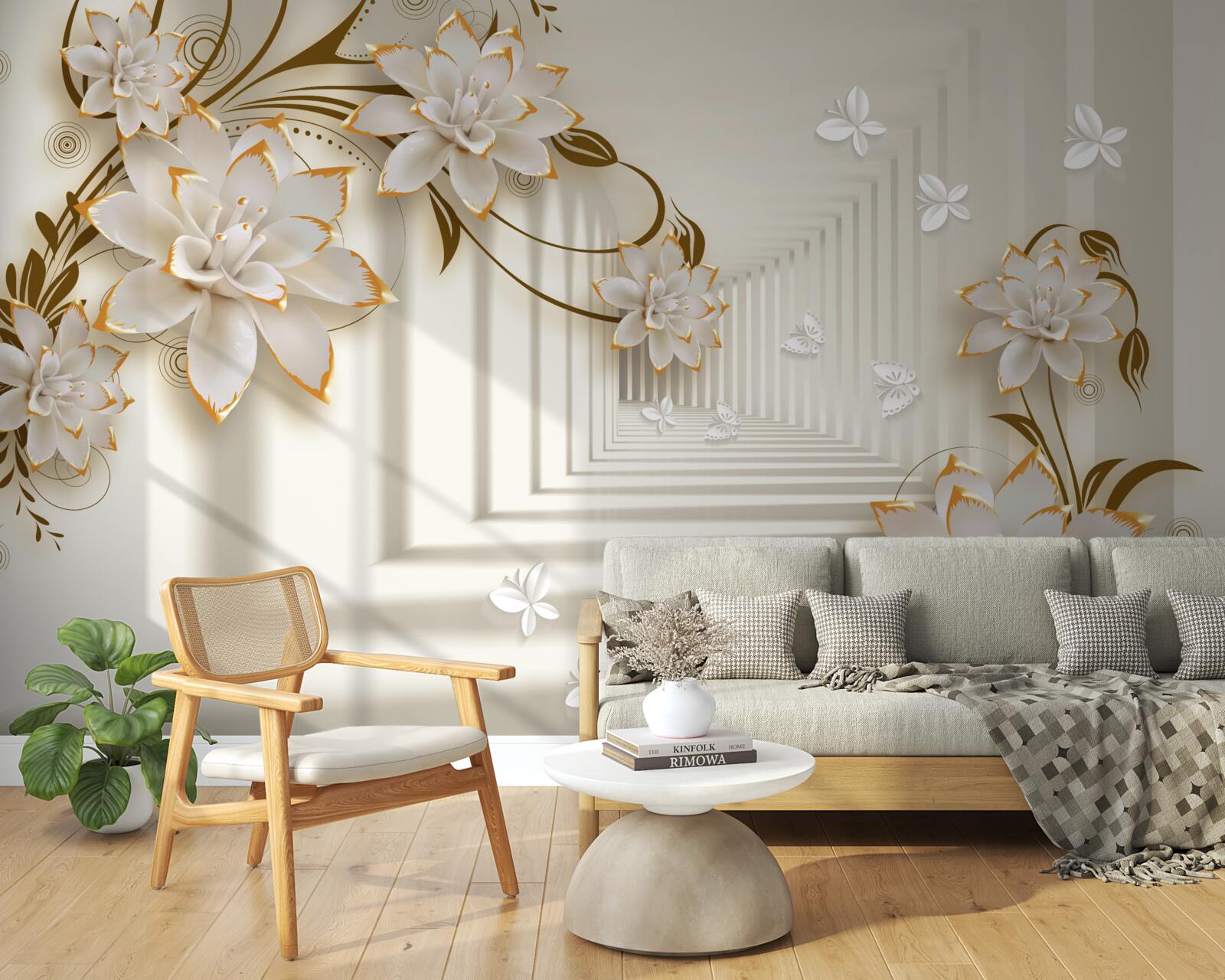 Fototapeta snehobiela kolonáda a kvetinové konáre vystavené v celej svojej kráse