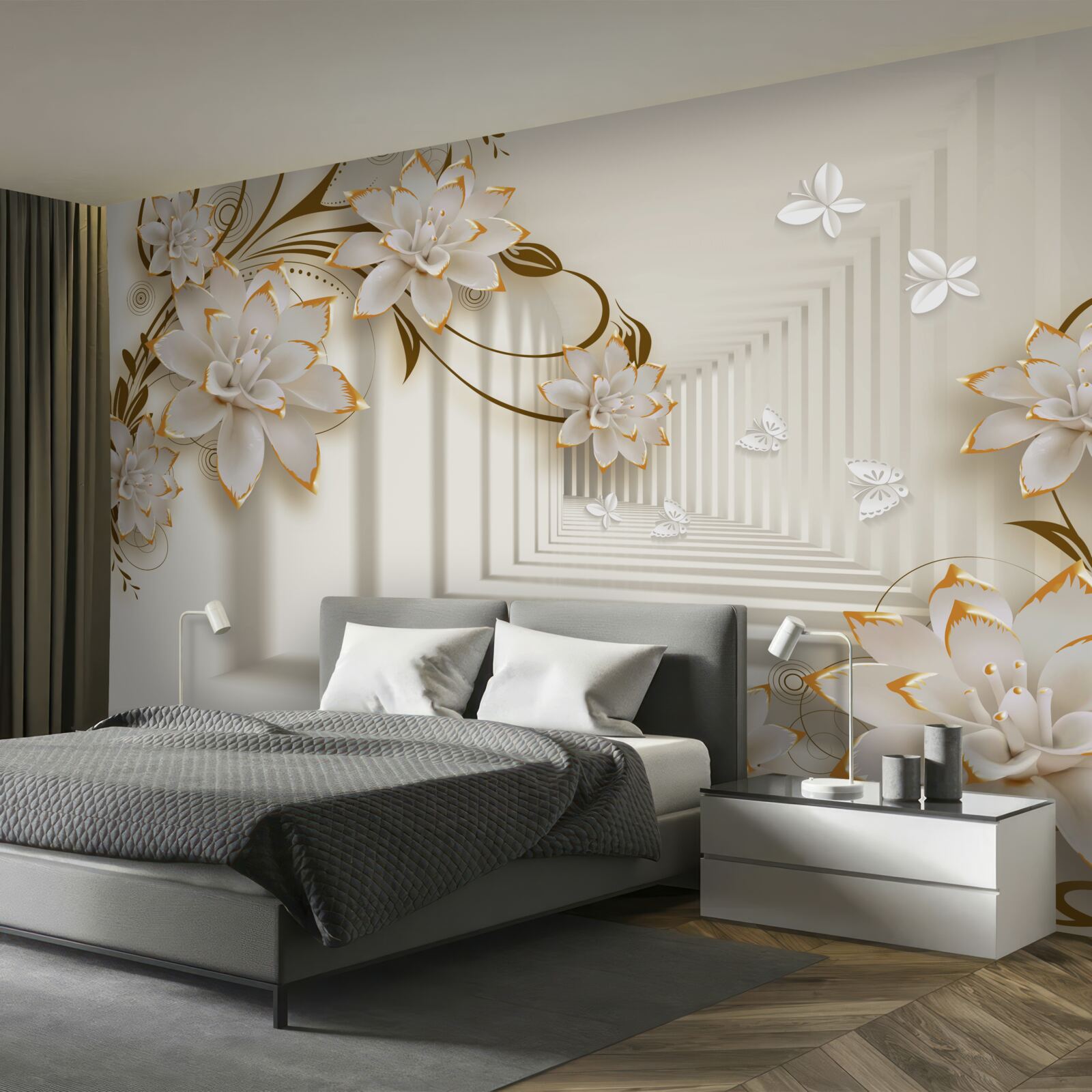 Fototapeta snehobiela kolonáda a kvetinové konáre vystavené v celej svojej kráse