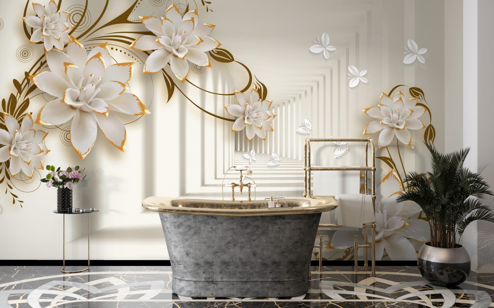 Fototapeta snehobiela kolonáda a kvetinové konáre vystavené v celej svojej kráse