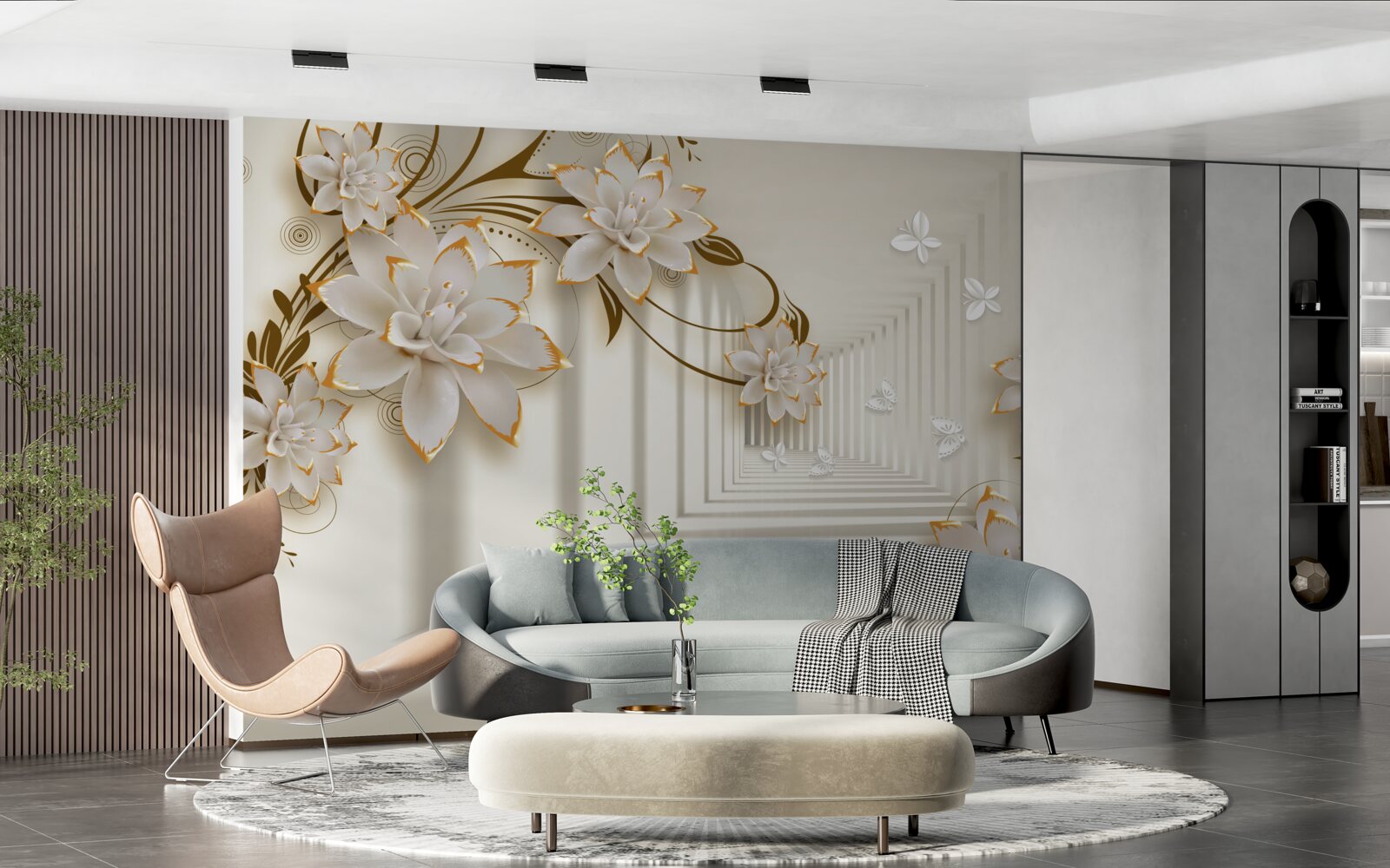 Fototapeta snehobiela kolonáda a kvetinové konáre vystavené v celej svojej kráse