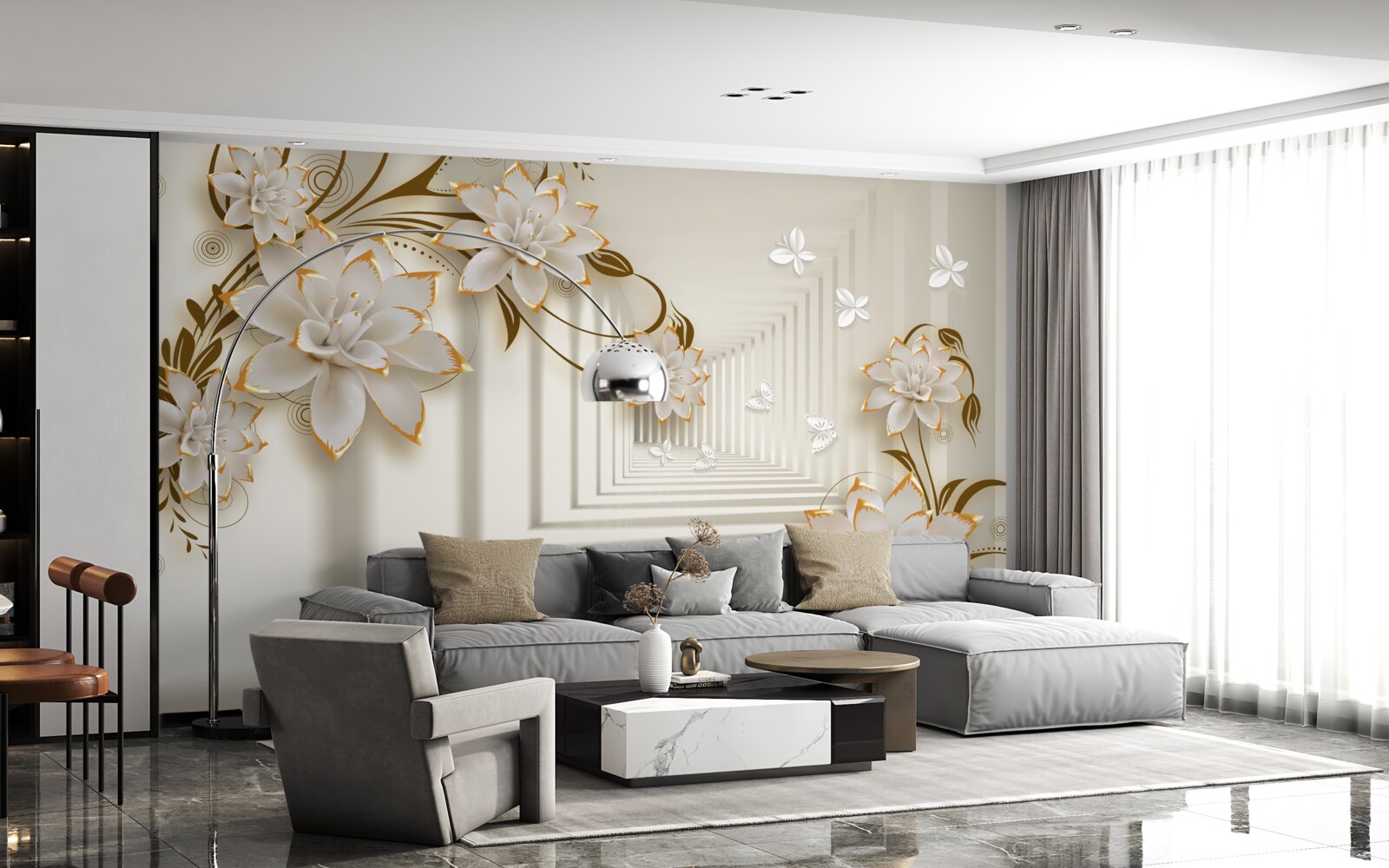 Fototapeta snehobiela kolonáda a kvetinové konáre vystavené v celej svojej kráse