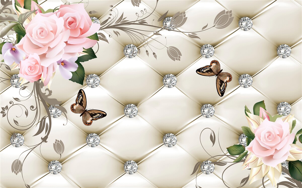 Fototapeta látkové ozdoby nad ružami v odtieňoch ružovej s motýľmi vznášajúcimi sa nad nimi