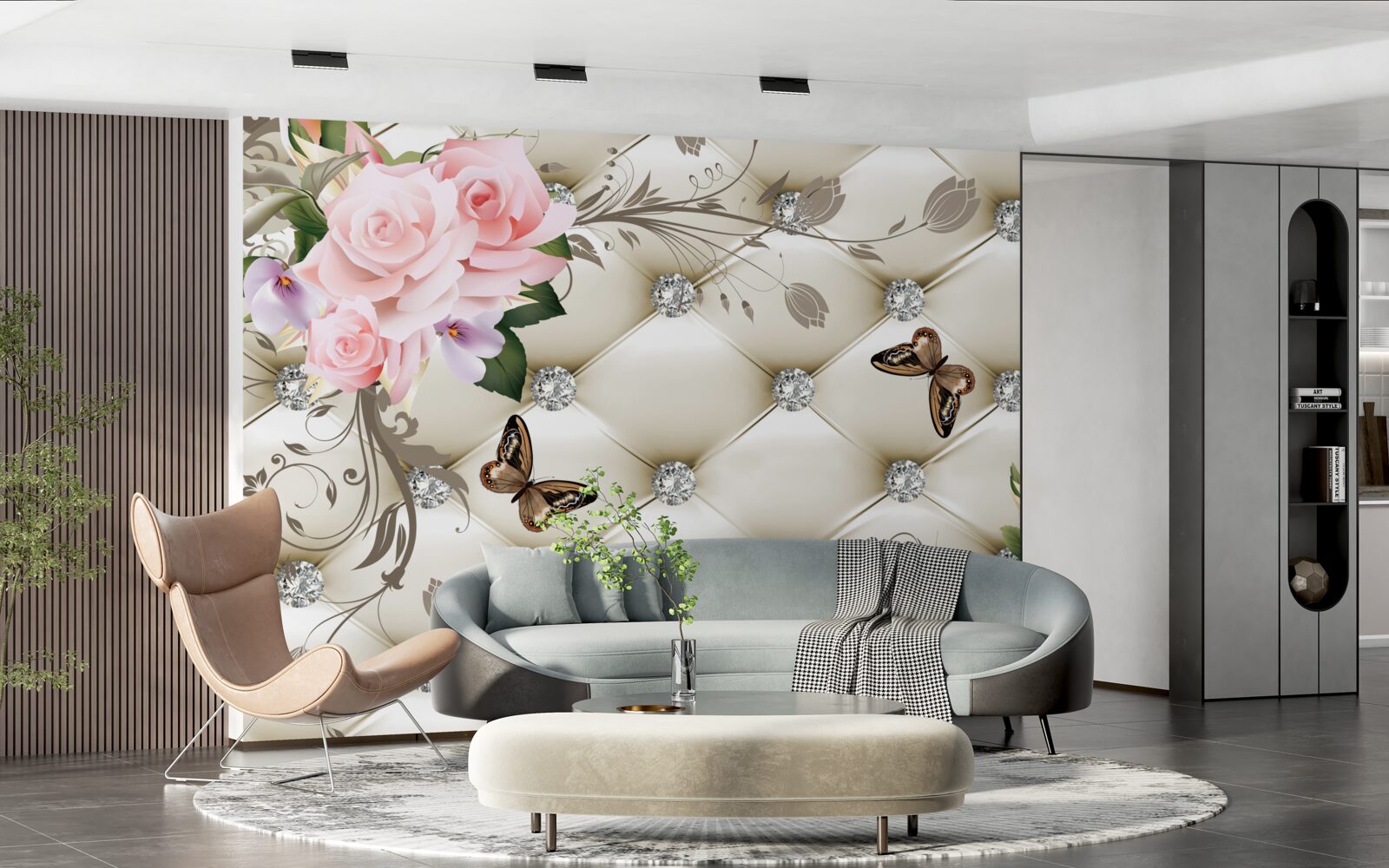 Fototapeta látkové ozdoby nad ružami v odtieňoch ružovej s motýľmi vznášajúcimi sa nad nimi