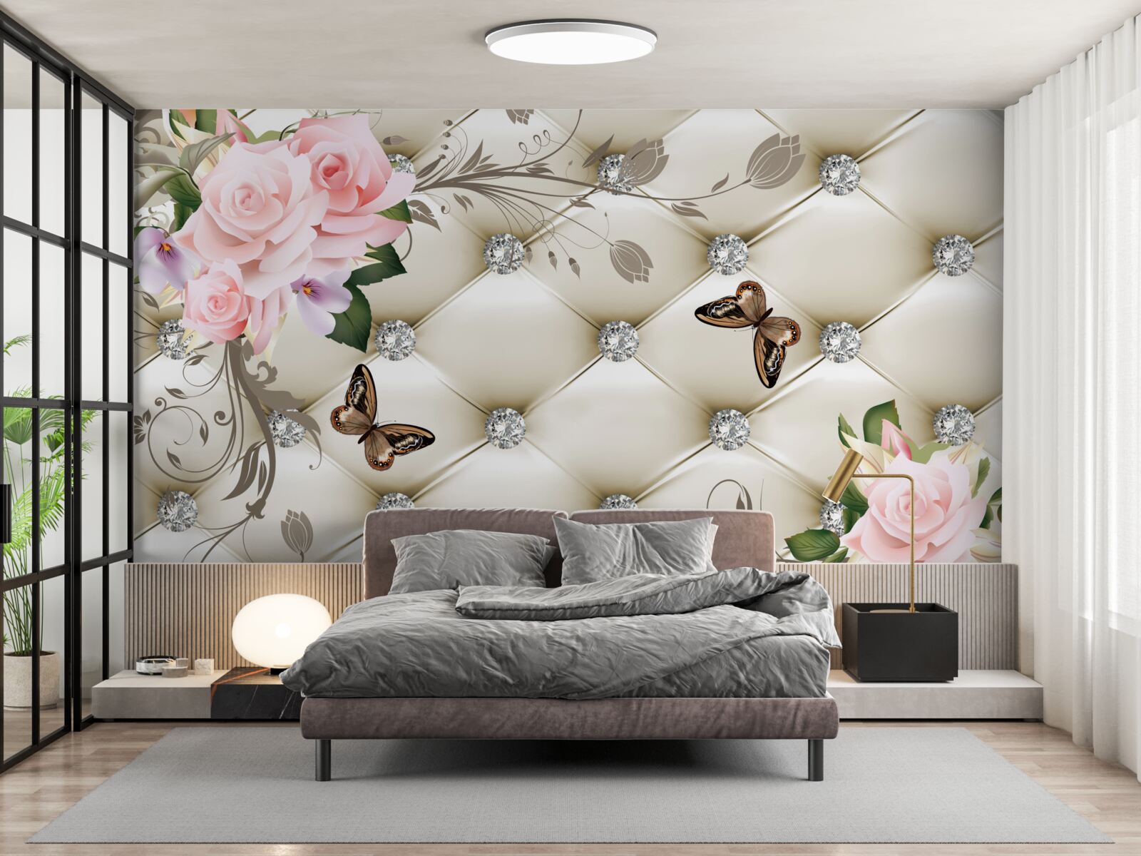 Fototapeta látkové ozdoby nad ružami v odtieňoch ružovej s motýľmi vznášajúcimi sa nad nimi