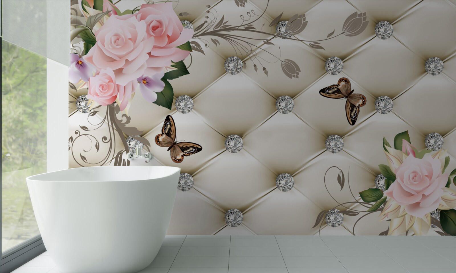 Fototapeta látkové ozdoby nad ružami v odtieňoch ružovej s motýľmi vznášajúcimi sa nad nimi