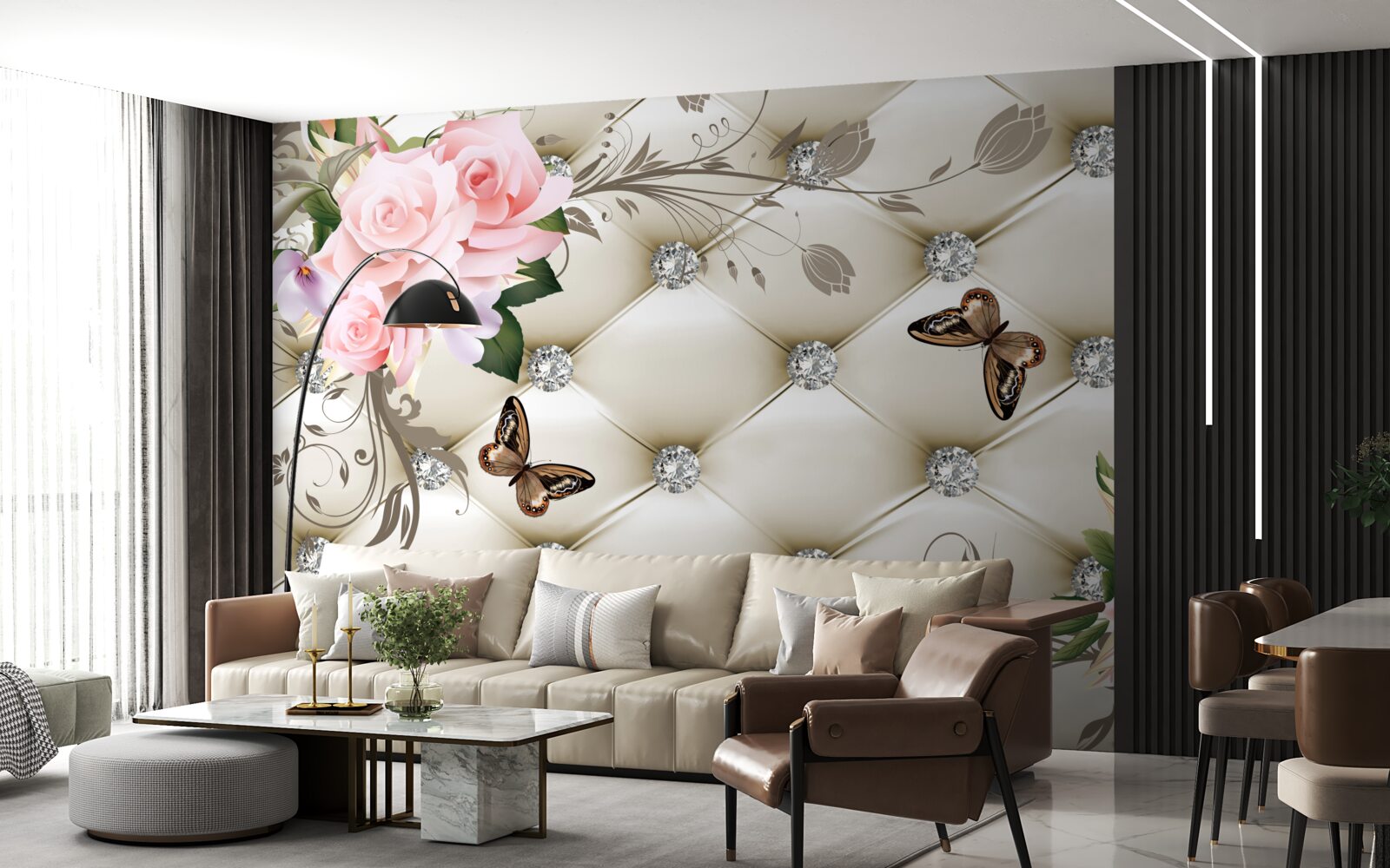 Fototapeta látkové ozdoby nad ružami v odtieňoch ružovej s motýľmi vznášajúcimi sa nad nimi