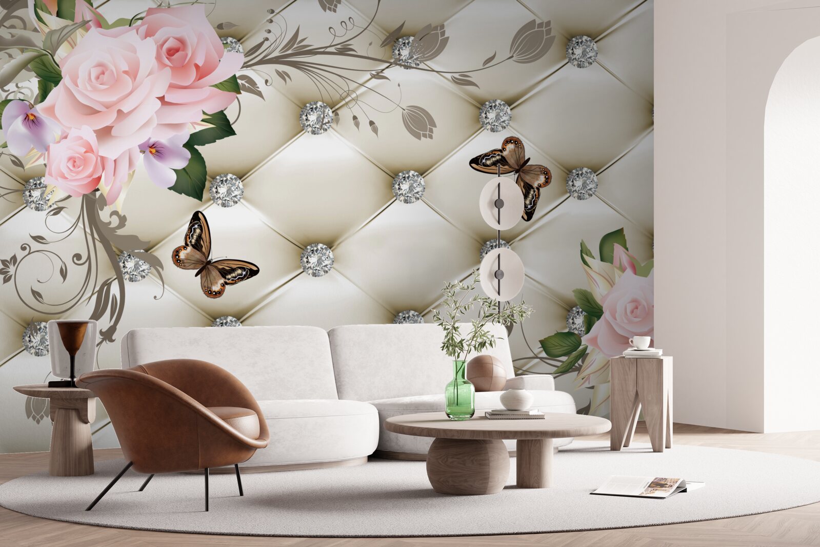 Fototapeta látkové ozdoby nad ružami v odtieňoch ružovej s motýľmi vznášajúcimi sa nad nimi